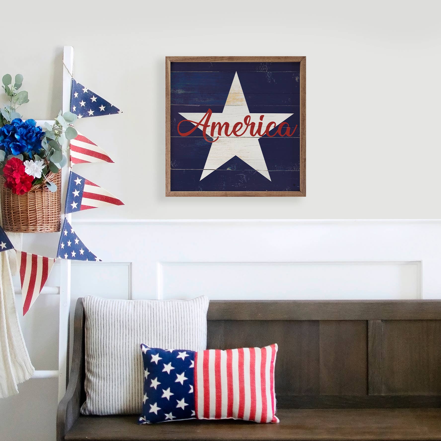 America Star Blue Wooden Sign 8x8