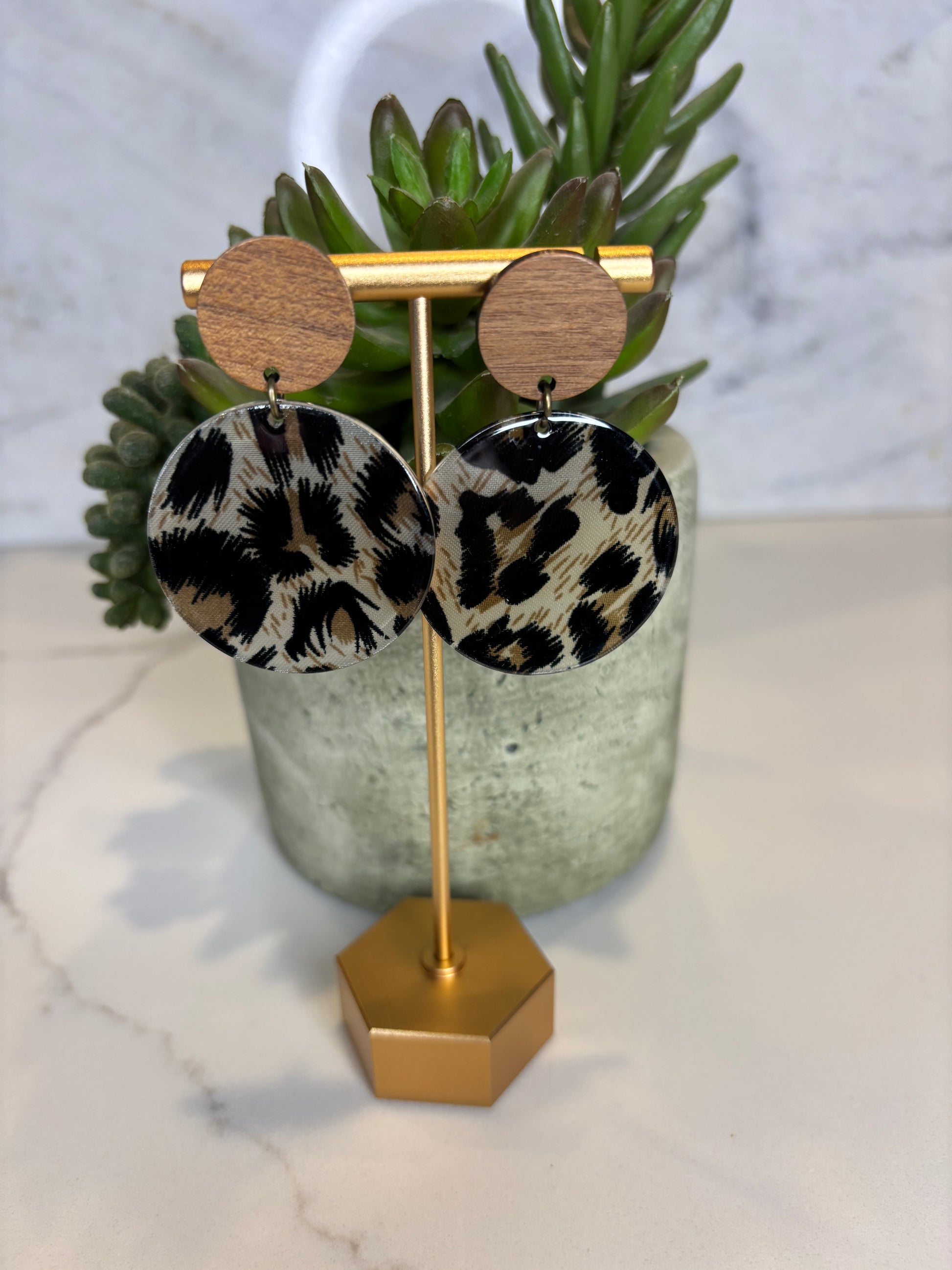 Round Leopard Print Plastic and Wood earrings