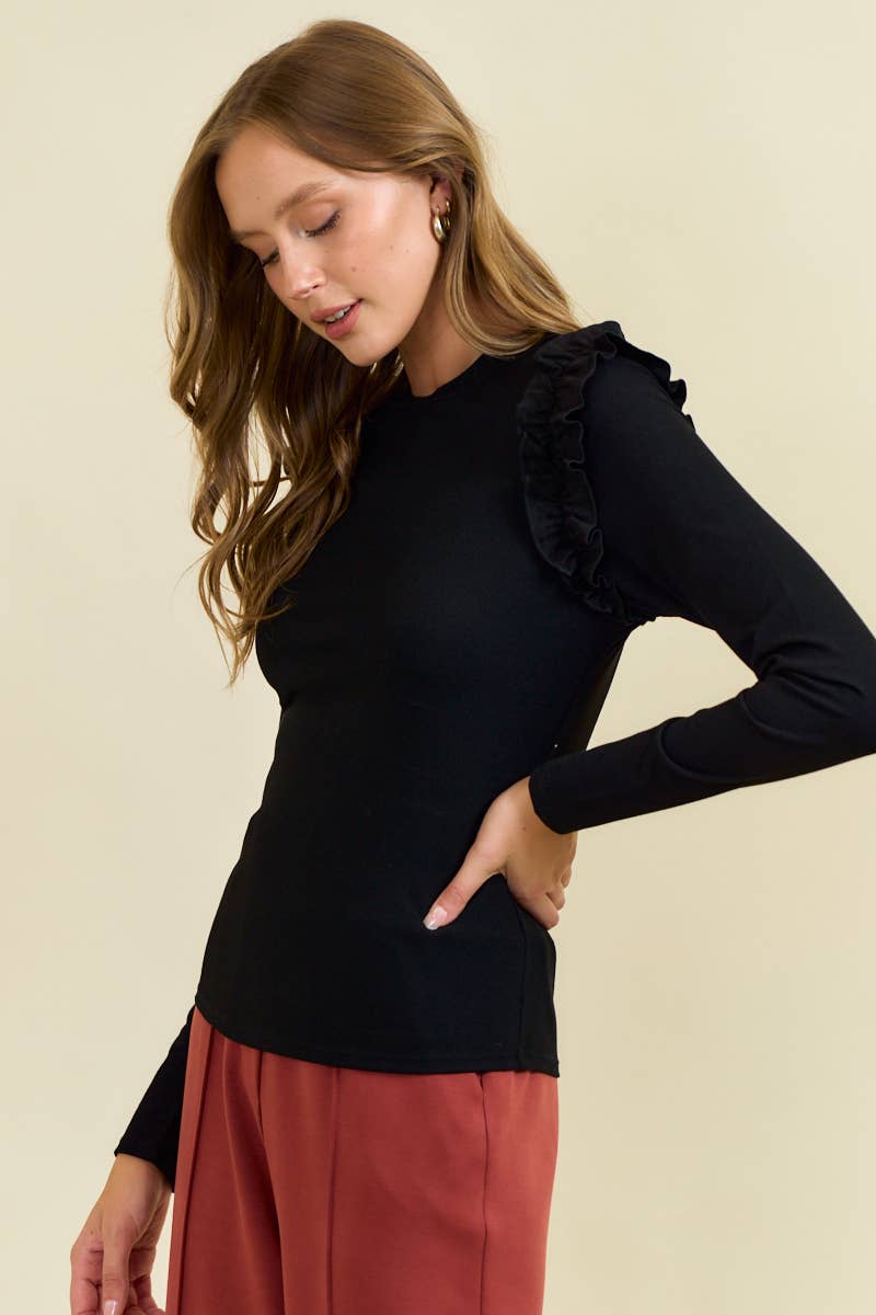 FAUX SUEDE RUFFLE SHOULDER LONG SLEEVE TOP