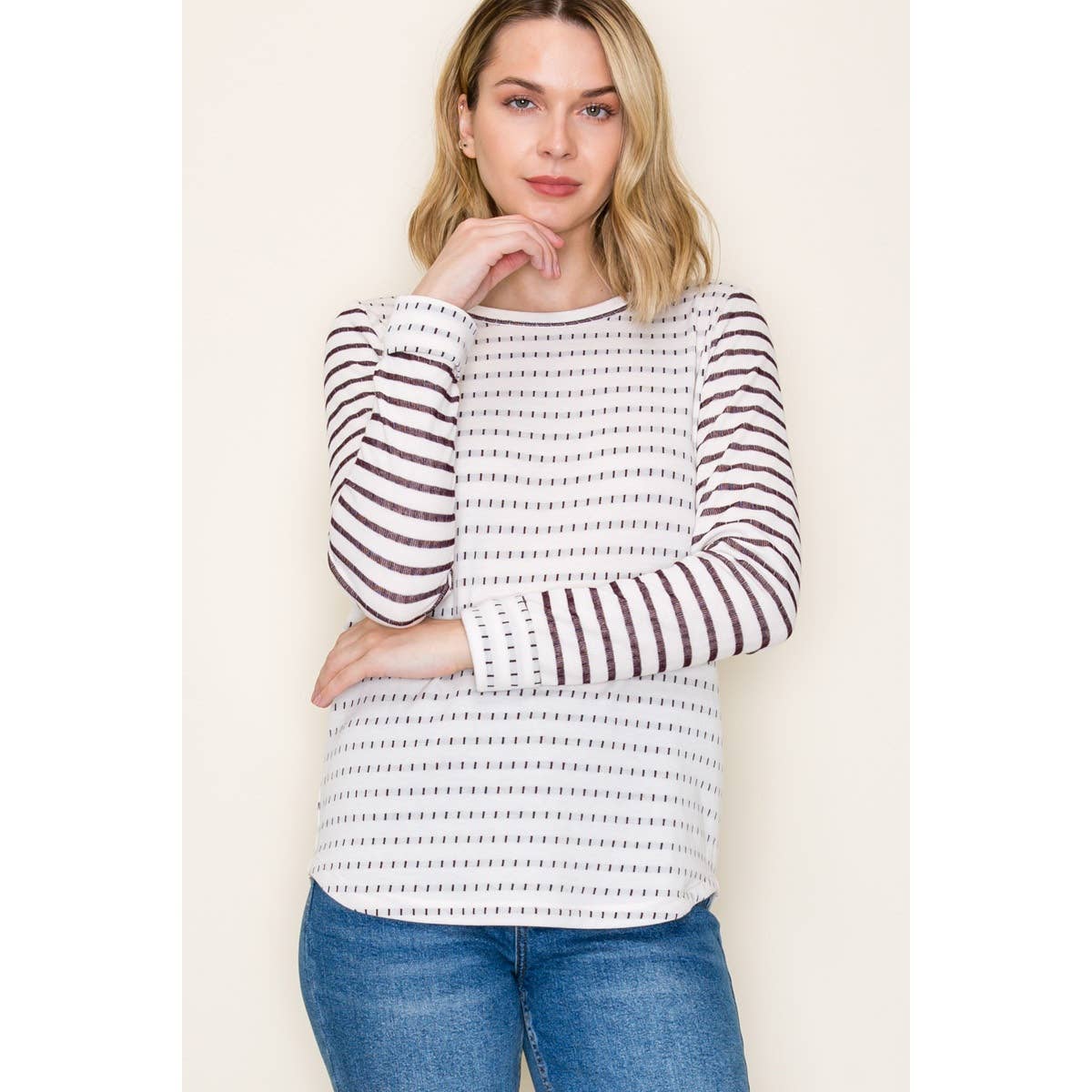 DOUBLE STRIEPD POLY FRENCH TERRRY TOP