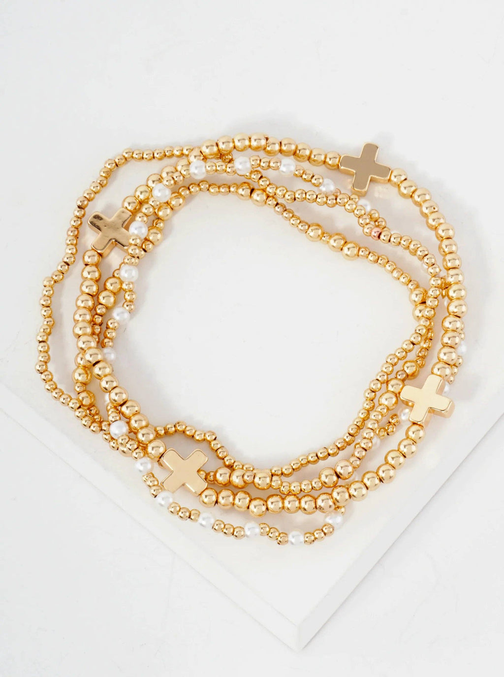 4PC Cross Gold Beaded Stackable Stretch Bracelet Set