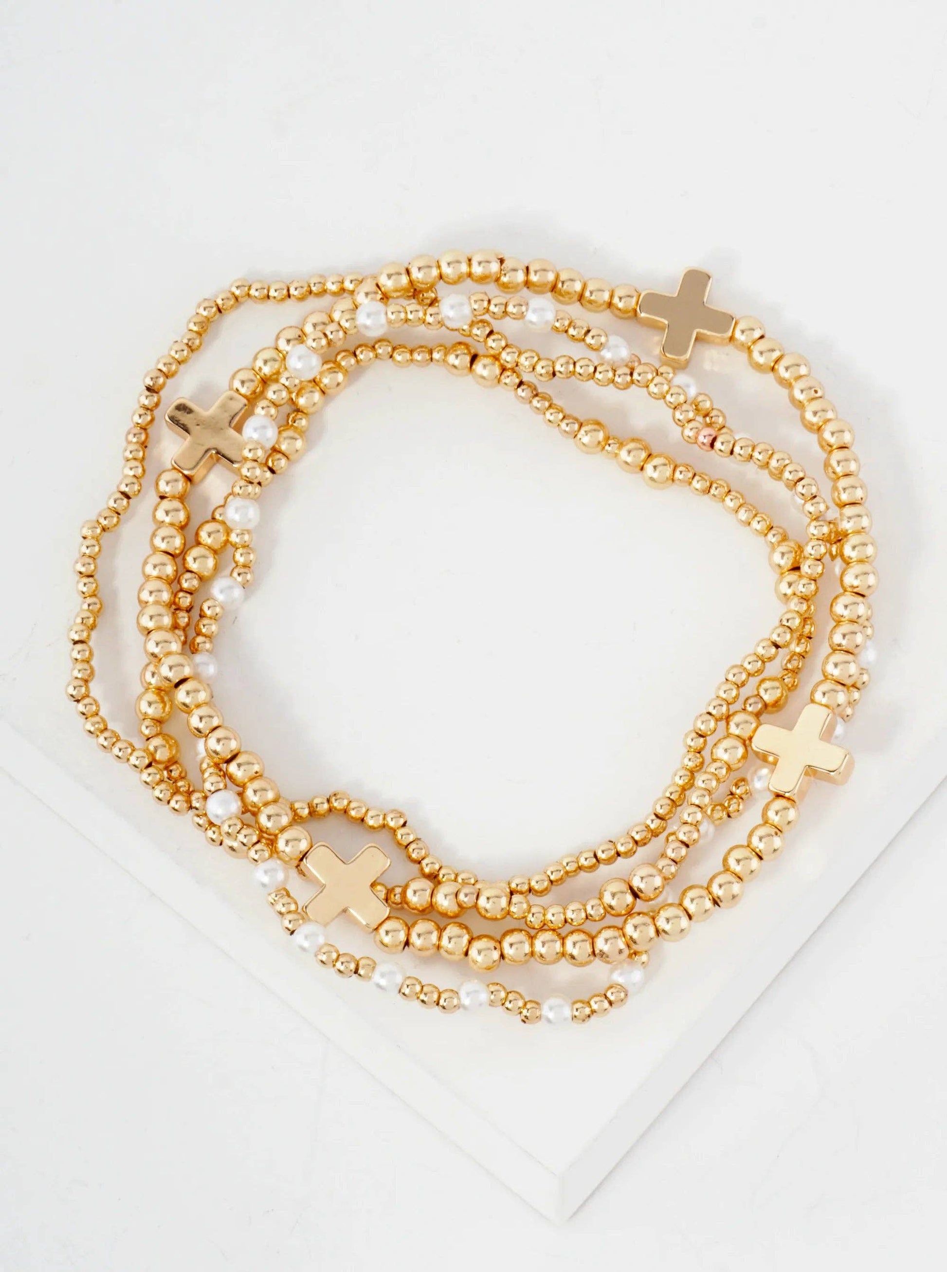 4PC Cross Gold Beaded Stackable Stretch Bracelet Set