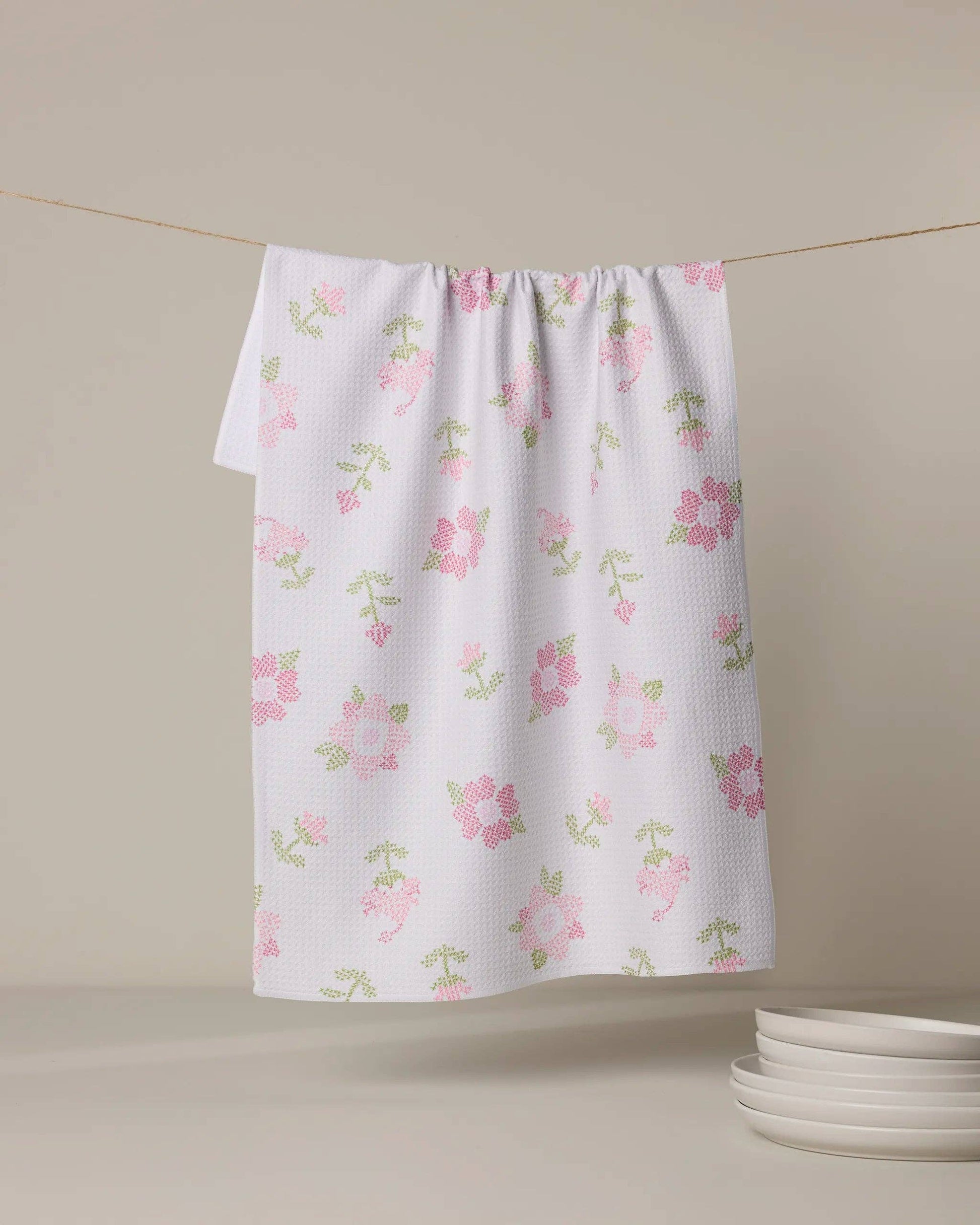 Cross Stitch Floral Tea Towel