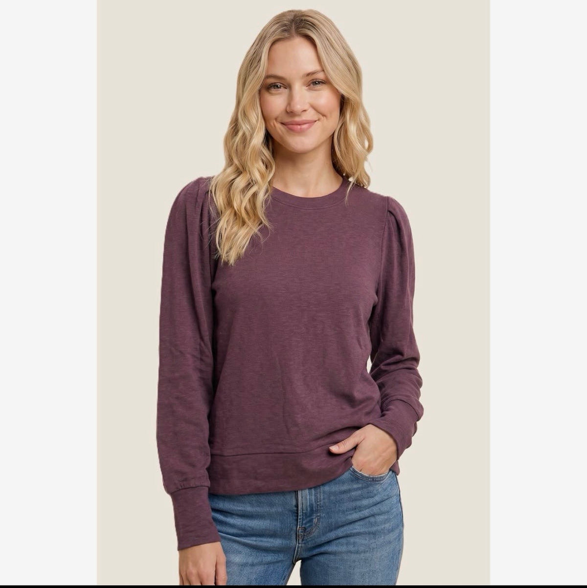 Long Sleeve Pleated Crewneck Knit Top