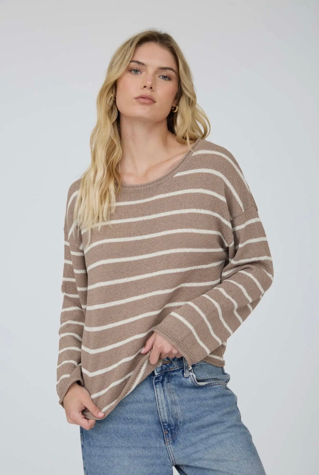 Stripe Textured Raw Edge Lightweight Sweater