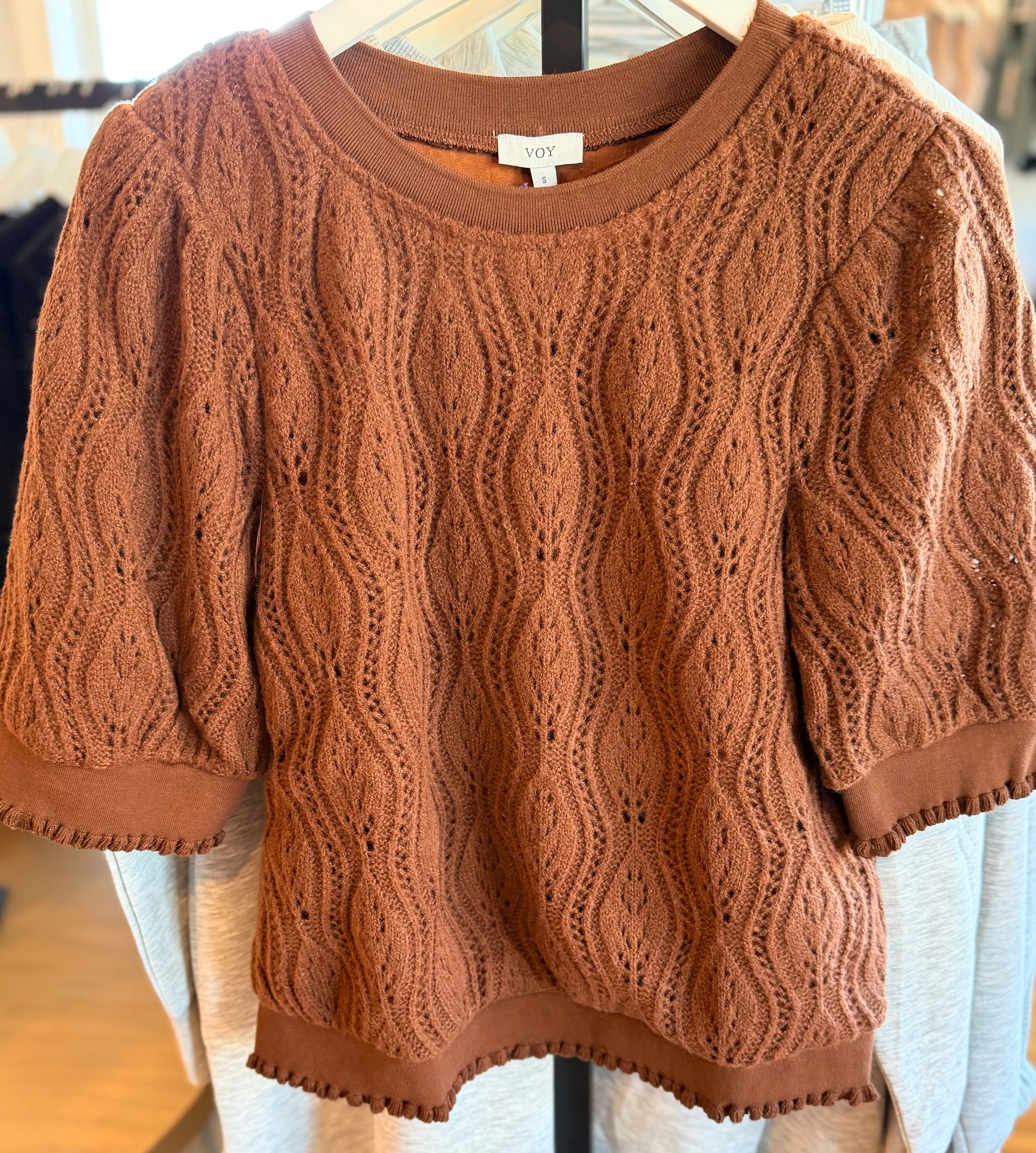 Ruffled Band Puff Sleeve Cable Knit Top