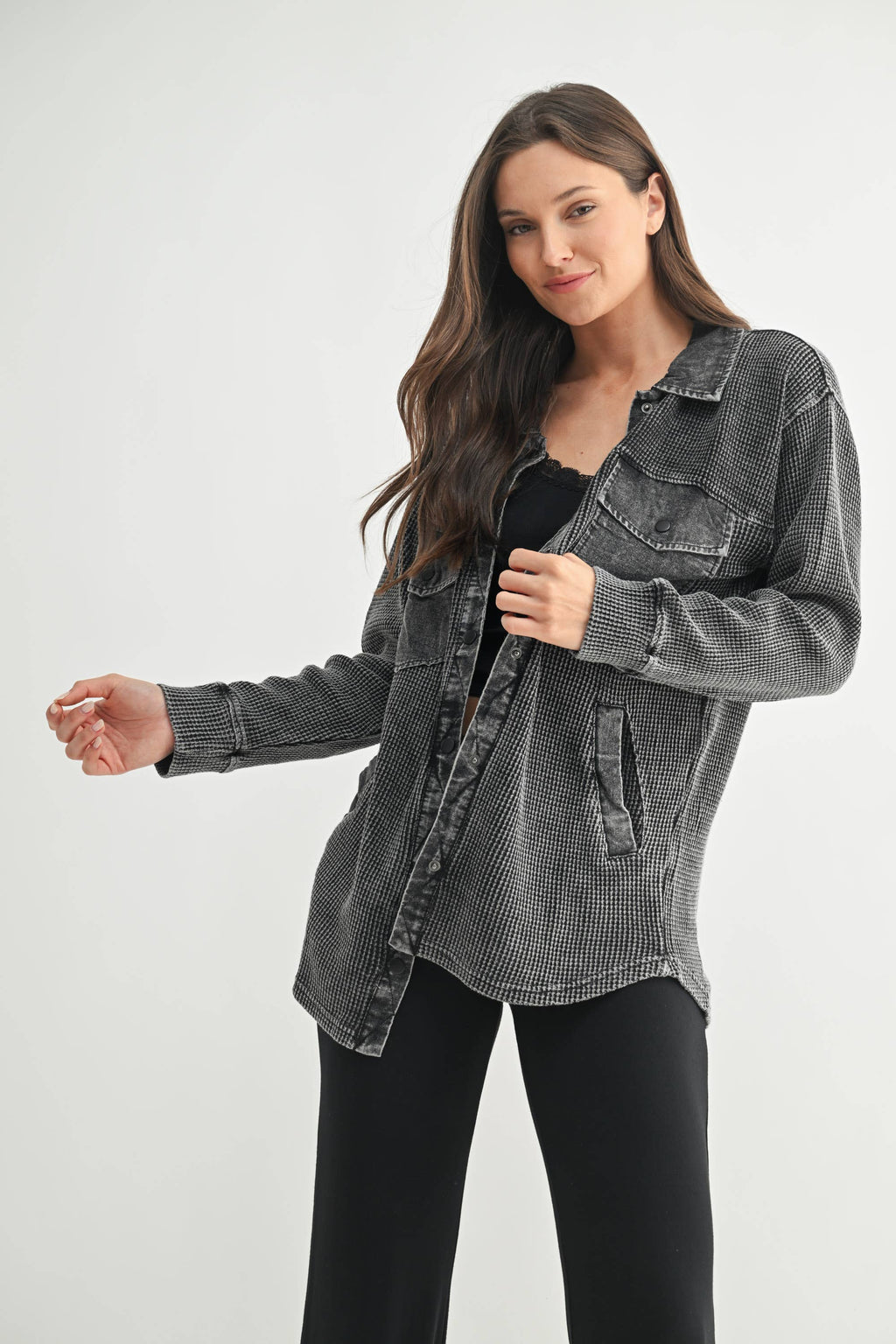 Waffle Knit Mineral-Washed Button Down Jacket