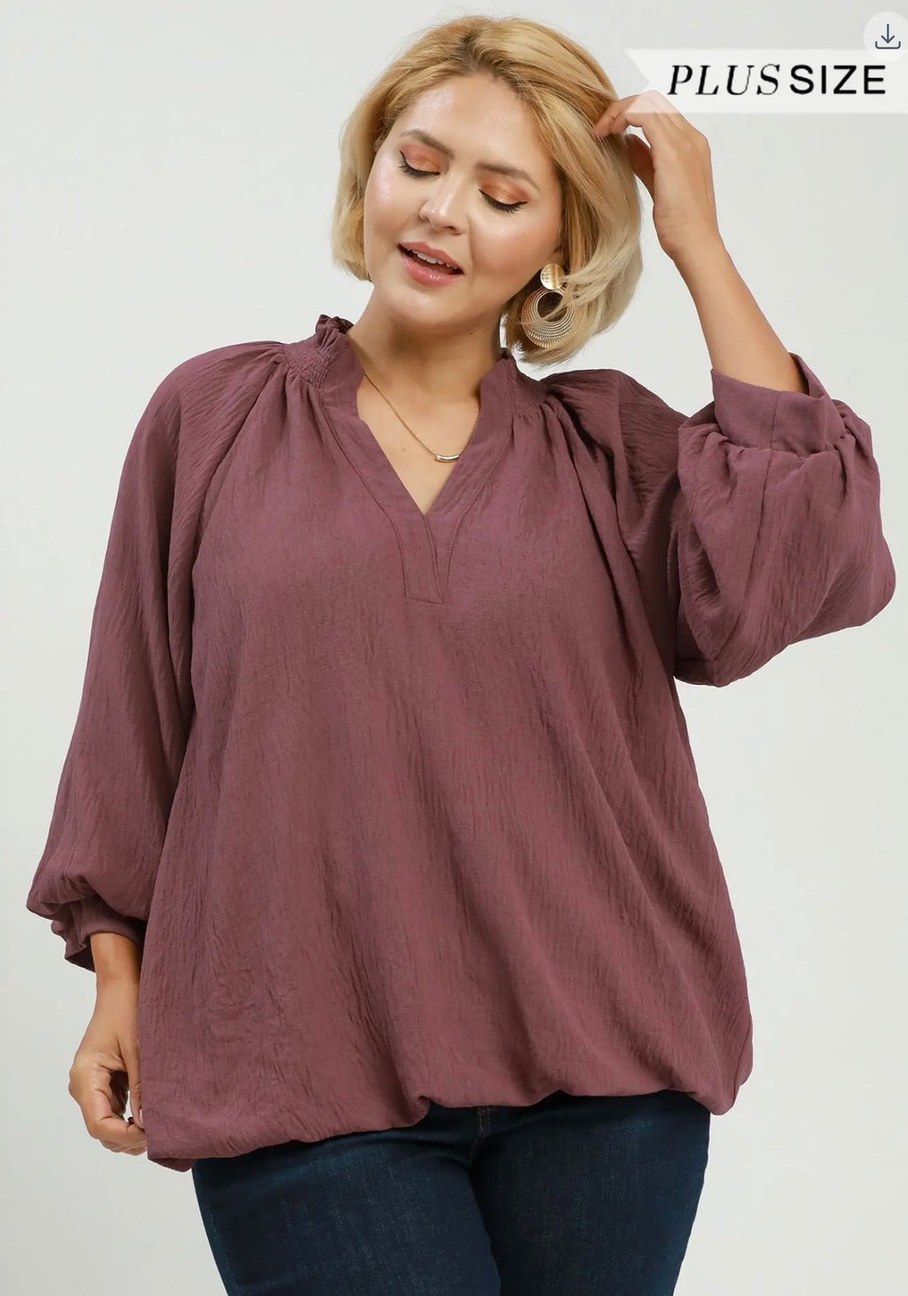 Curvy Smocked Collar Bubble Hem Top