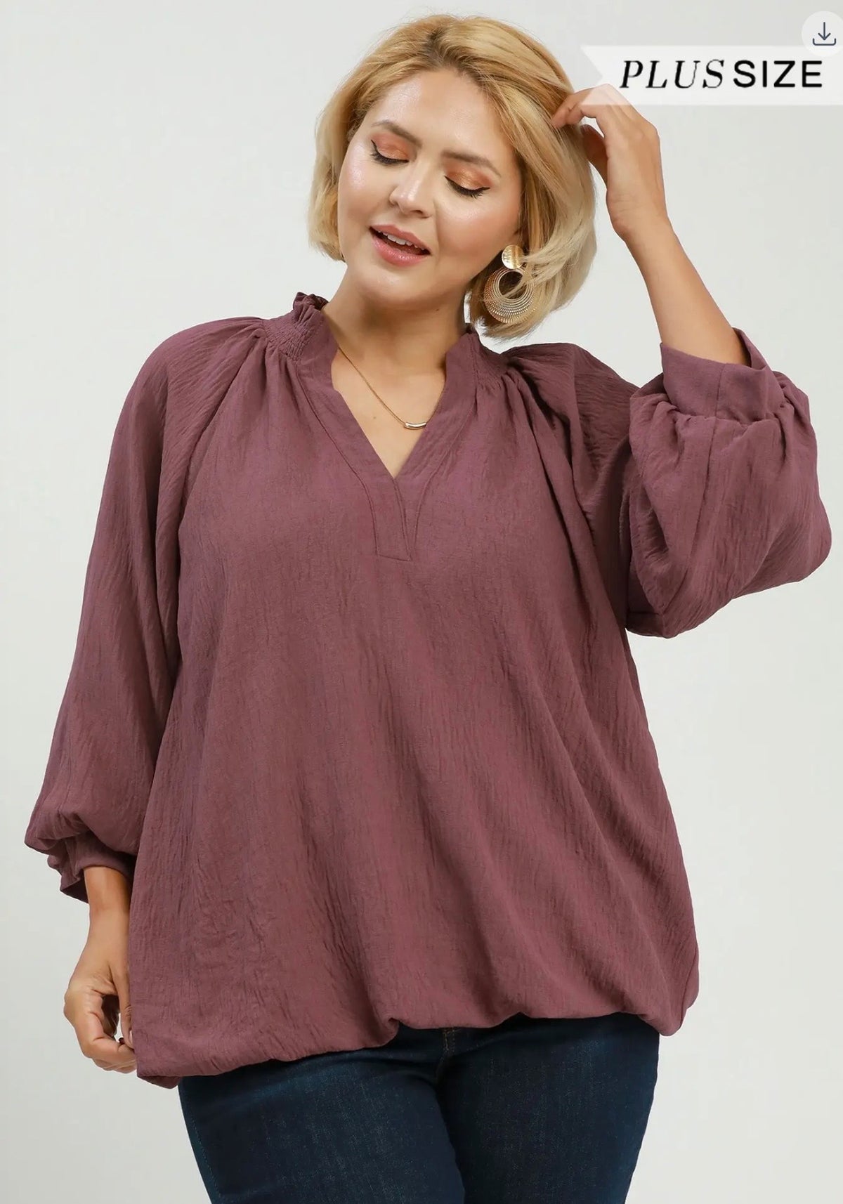 Curvy Smocked Collar Bubble Hem Top