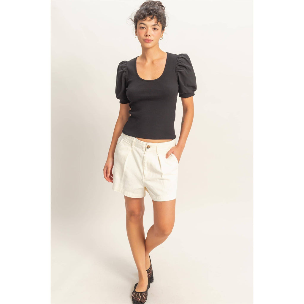 Ribbed Puff Sleeve Scoop Neck Top