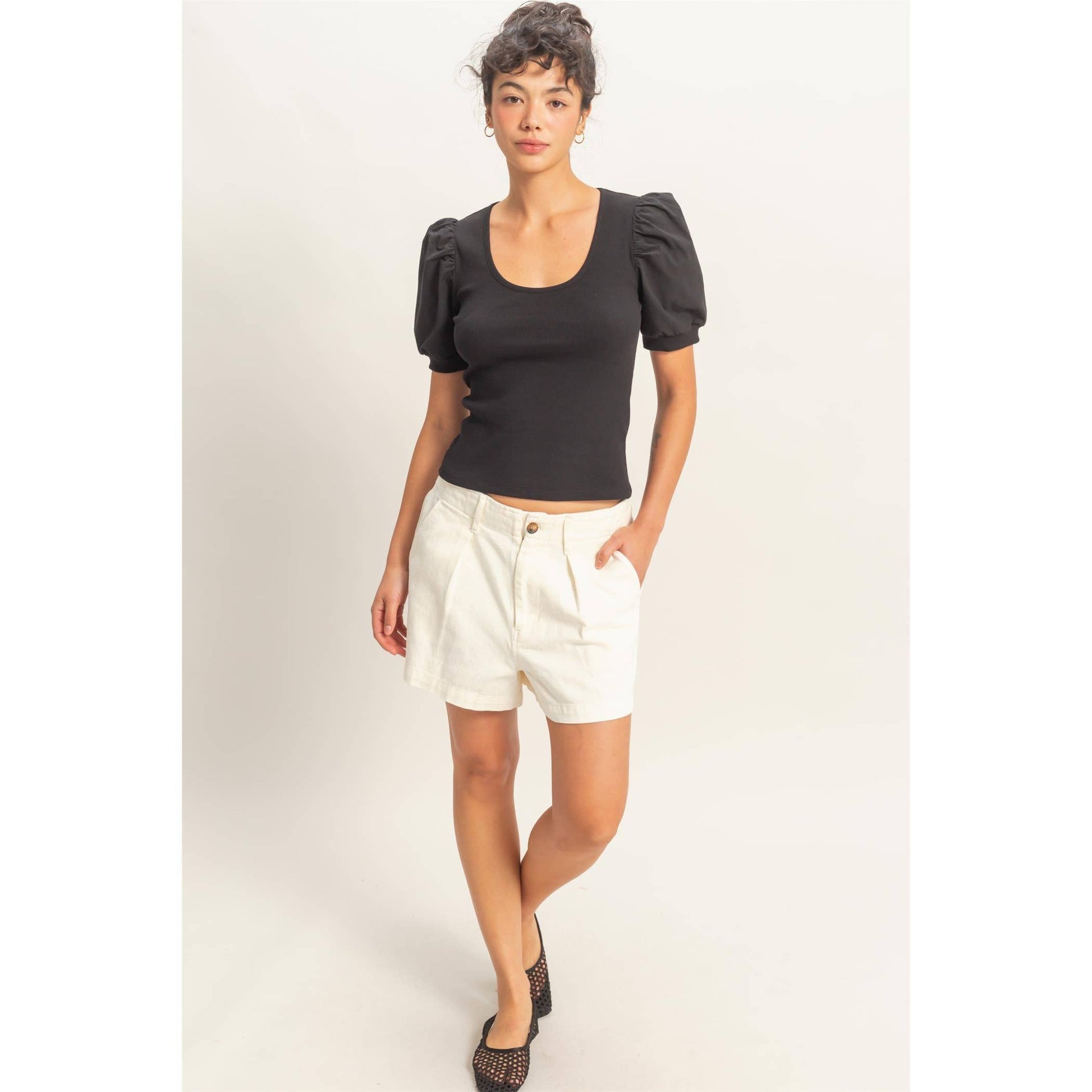 Ribbed Puff Sleeve Scoop Neck Top