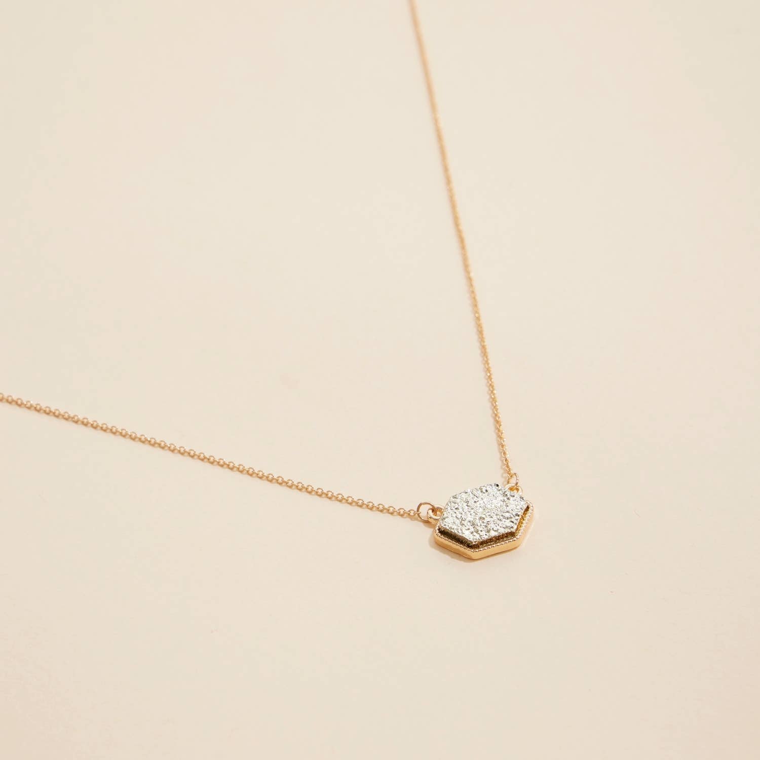 Hexagon Druzy Stone Charm Short Necklace