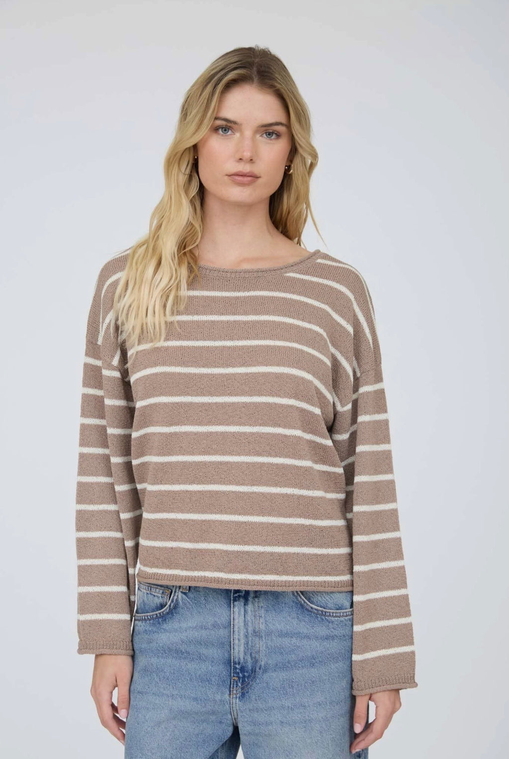 Stripe Textured Raw Edge Lightweight Sweater
