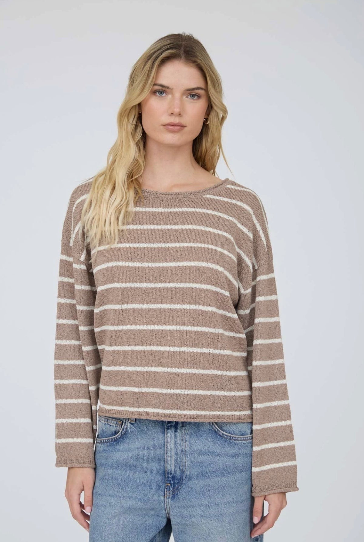 Stripe Textured Raw Edge Lightweight Sweater