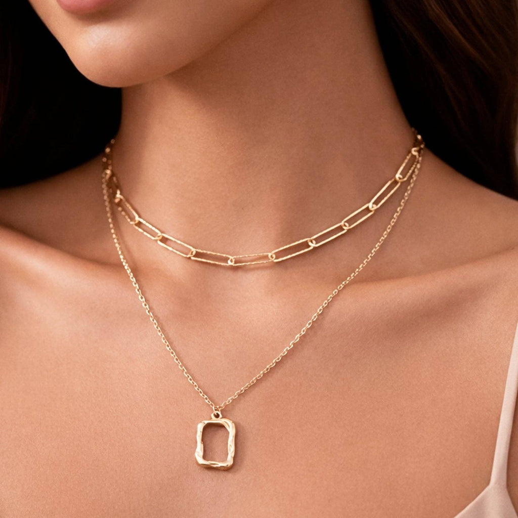 18K Gold Plated Waterproof Stainless Steel Layered Square Necklace