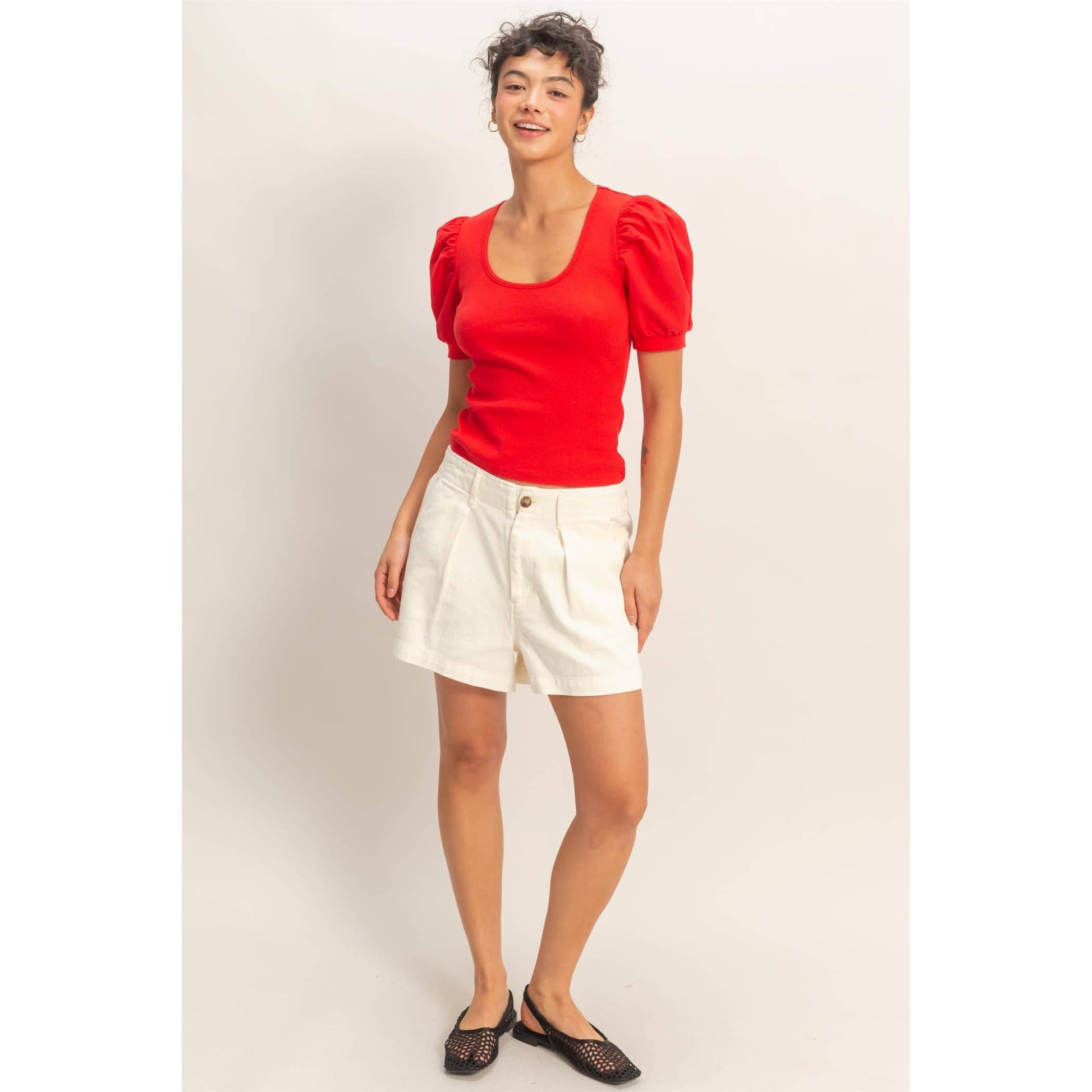Ribbed Puff Sleeve Scoop Neck Top