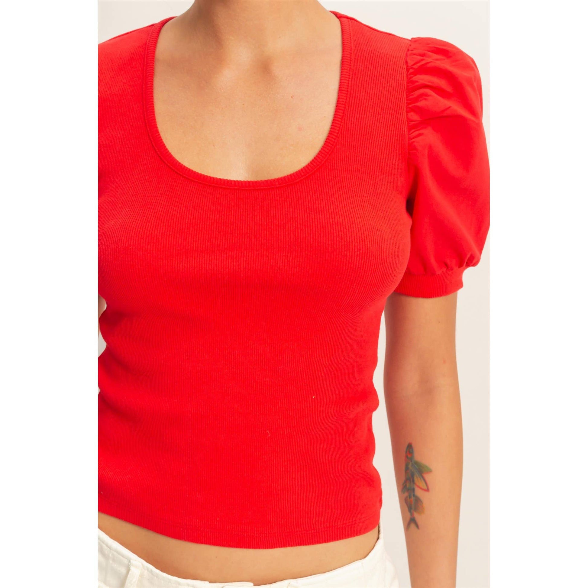 Ribbed Puff Sleeve Scoop Neck Top