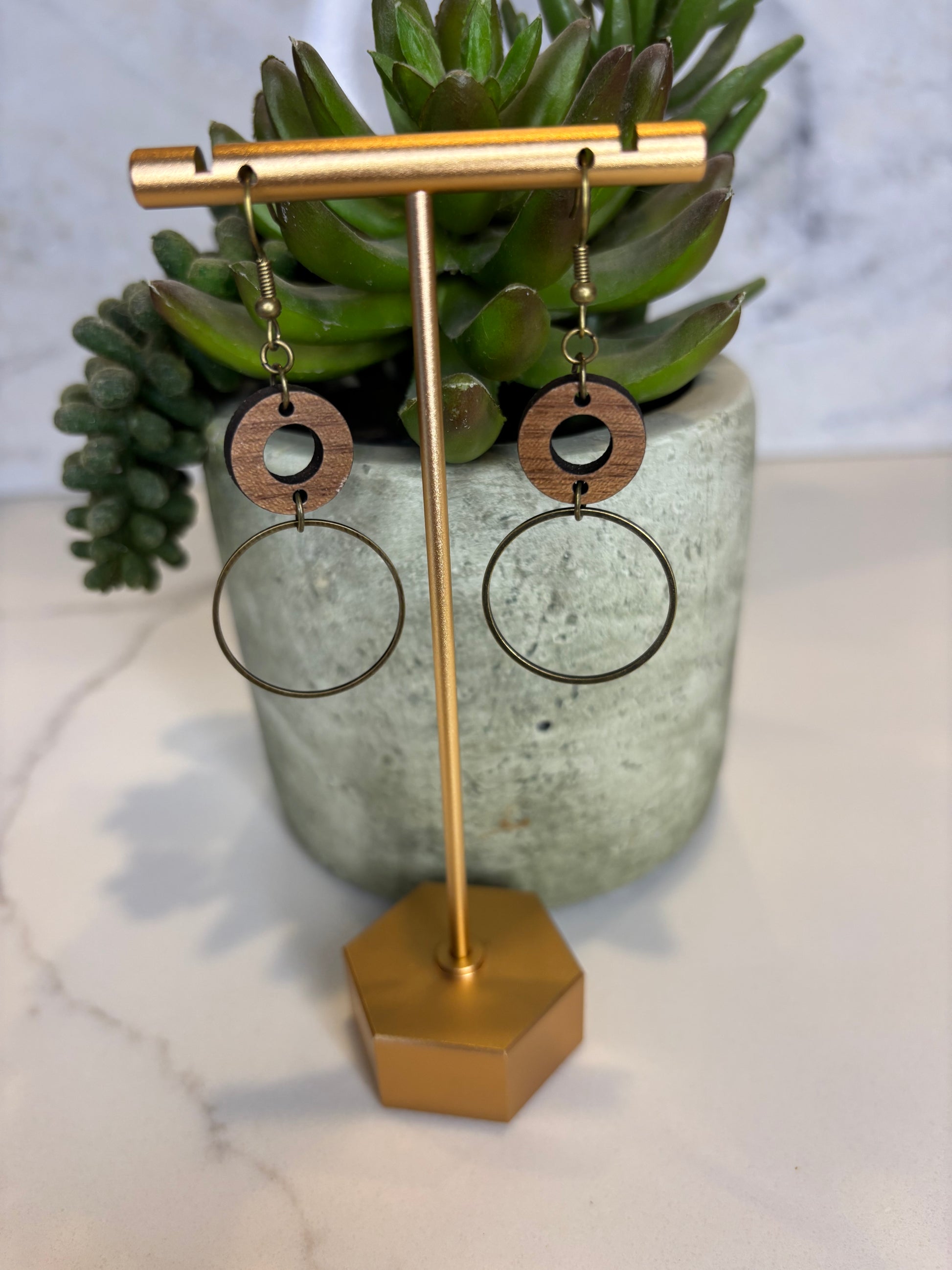 Circle Wood Tiered Dangle Earrings