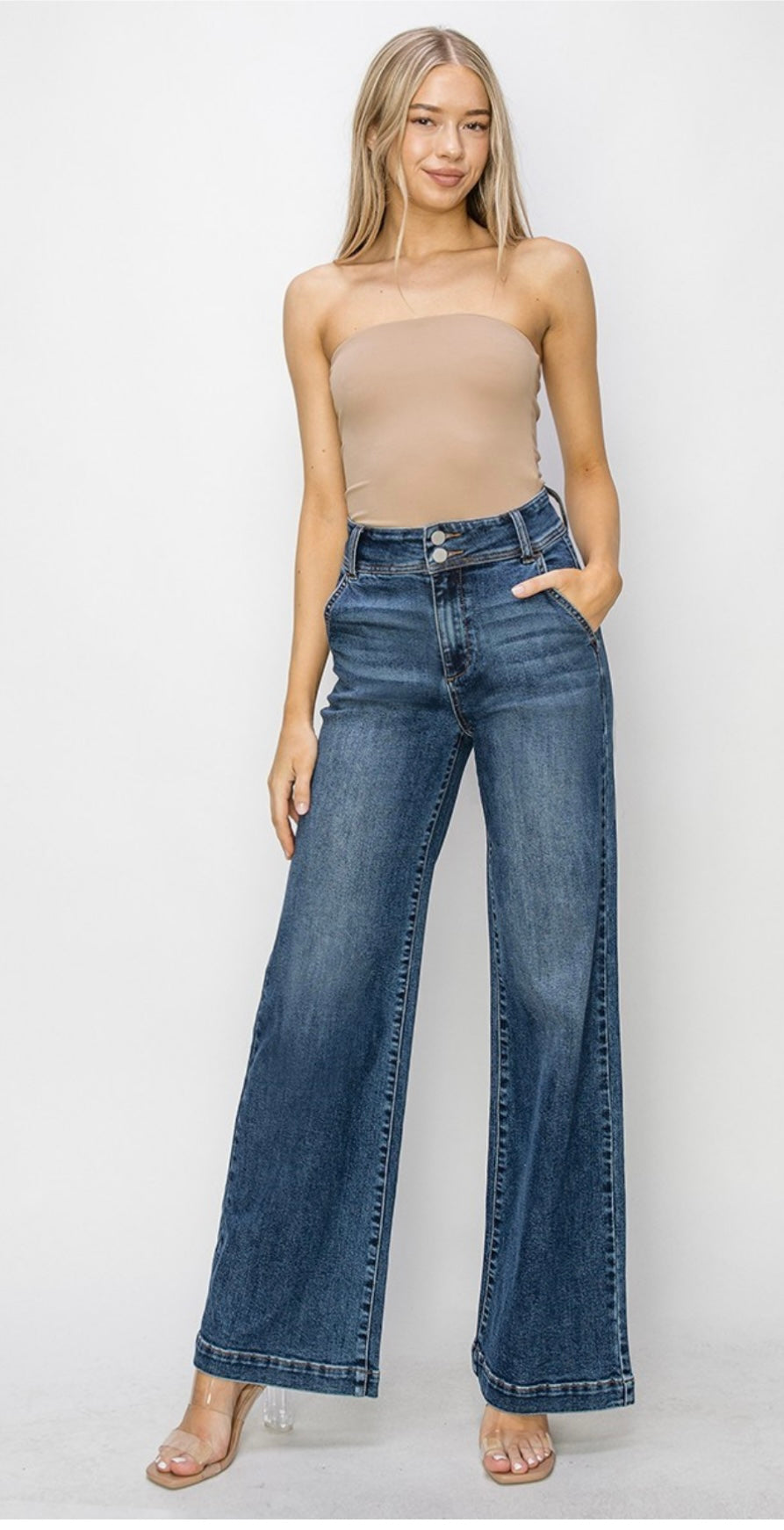 Risen Med Wash Tummy Control HR Double Button Wide Leg Jean