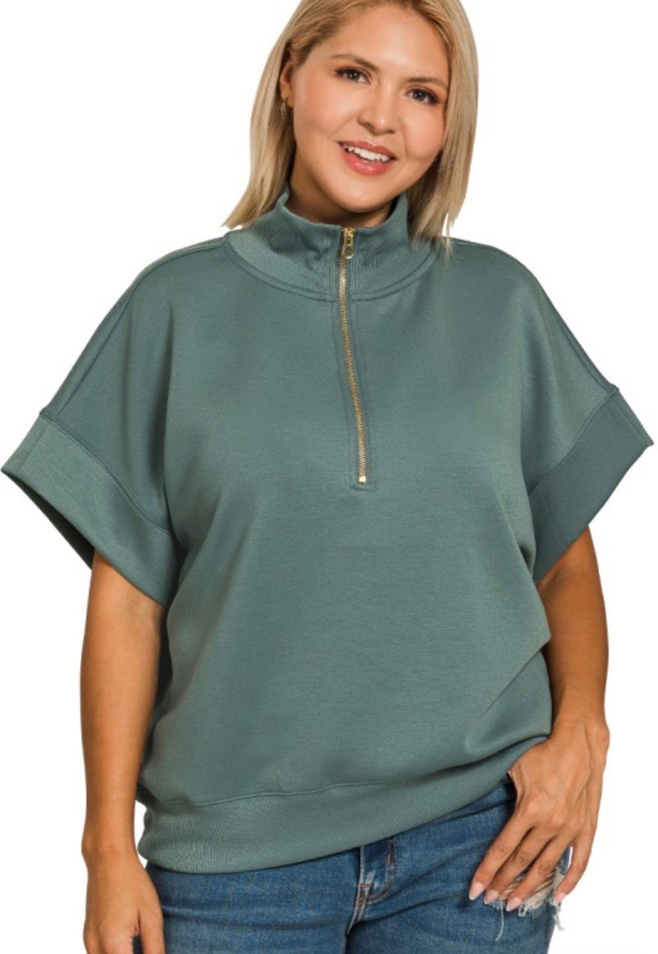 Curvy Scuba High Neck Half Zip Short Sleeve Pullover