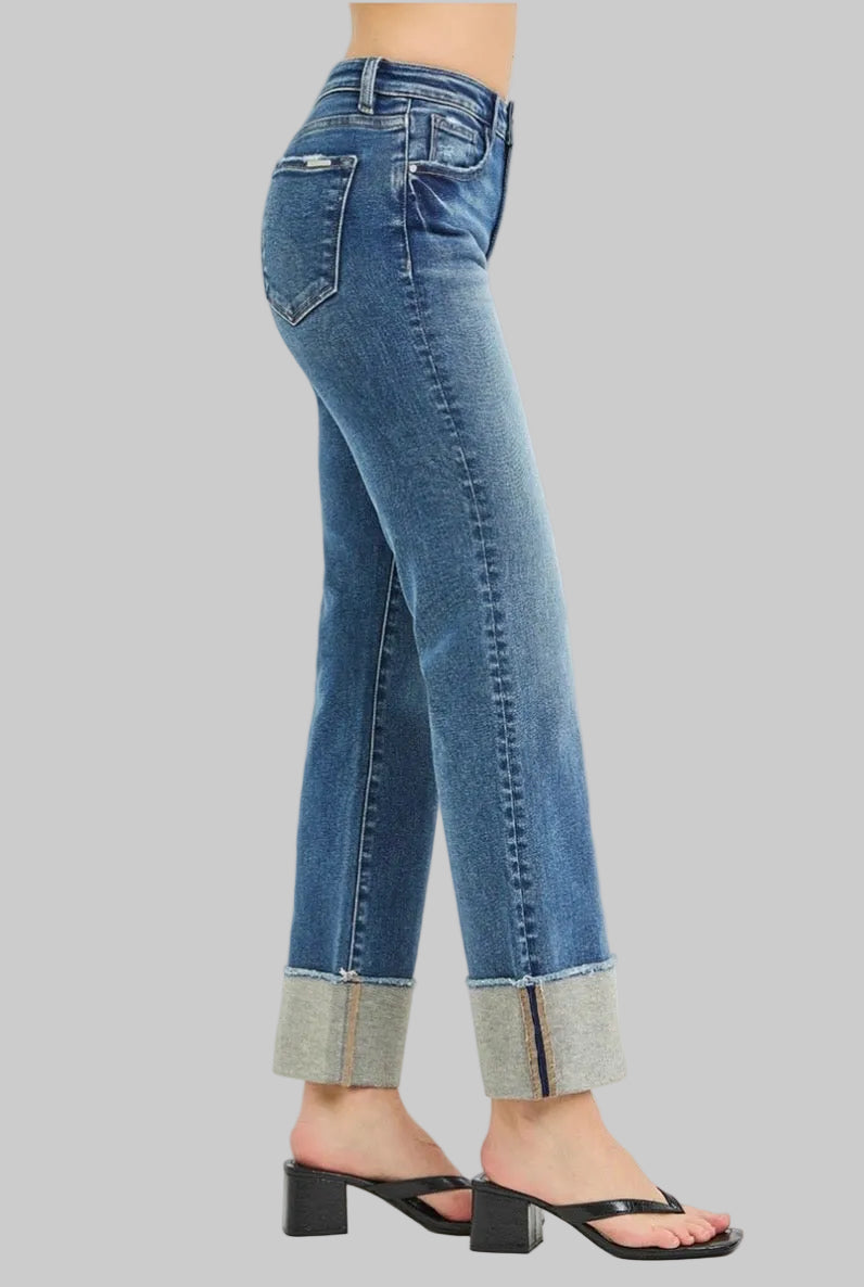 Risen Mid Rise Ankle Straight Cuffed Jean