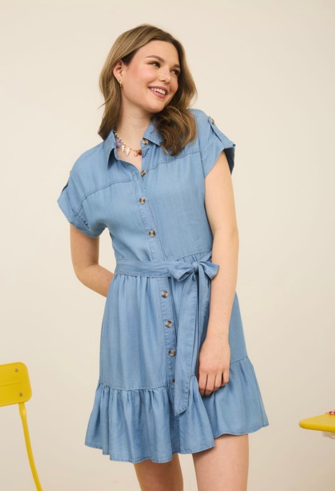 Chambray Ruffle Hem Belted Mini Shirt Dress