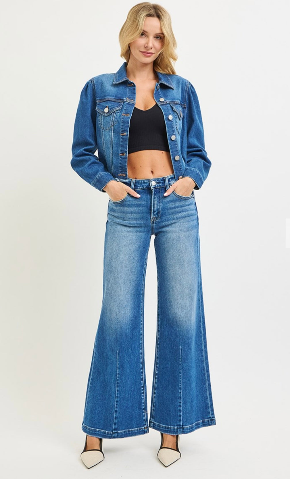 Risen Mid-rise Flare Jeans with crease