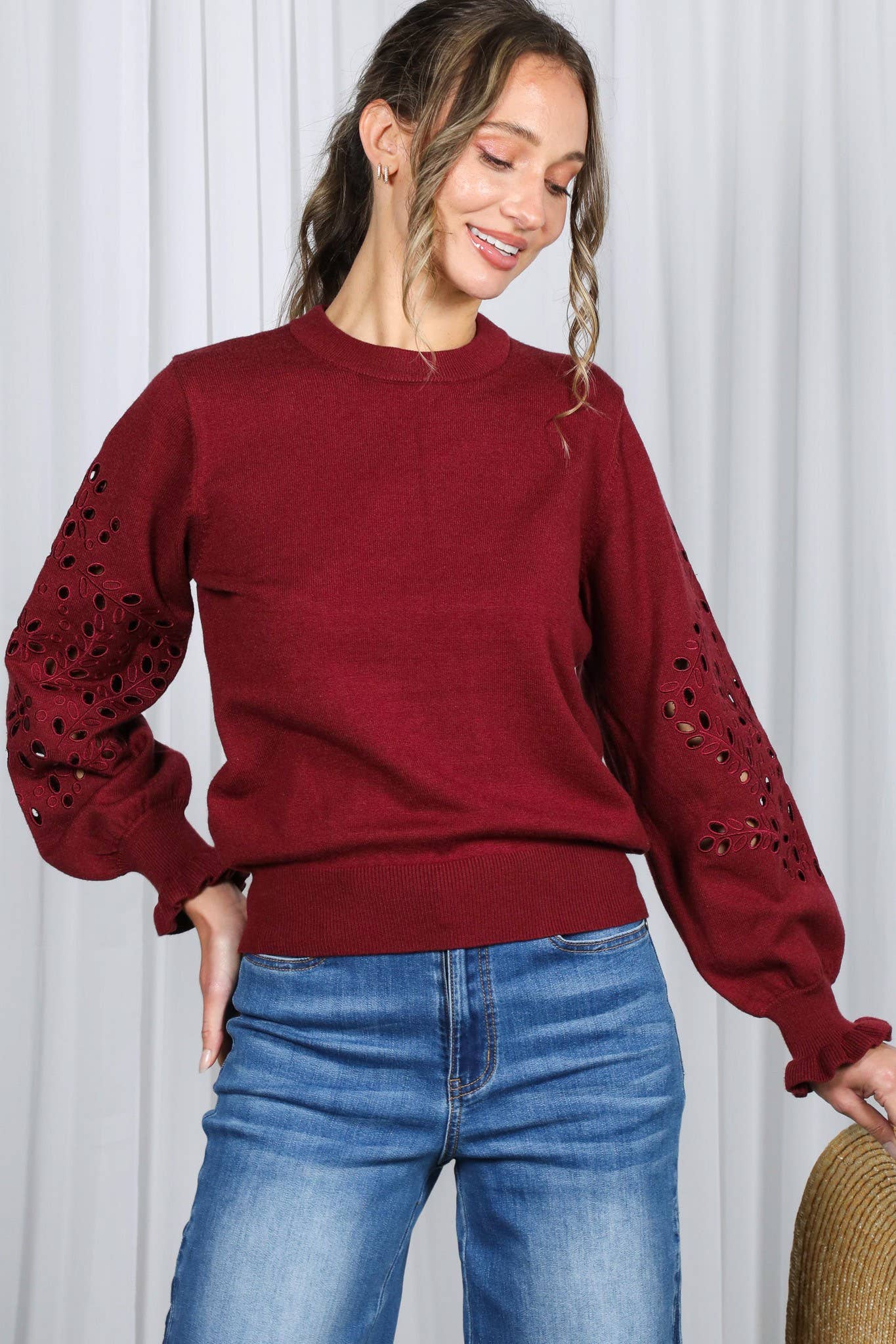 Crewneck Long Sleeve Cutwork Embroidered Sweater