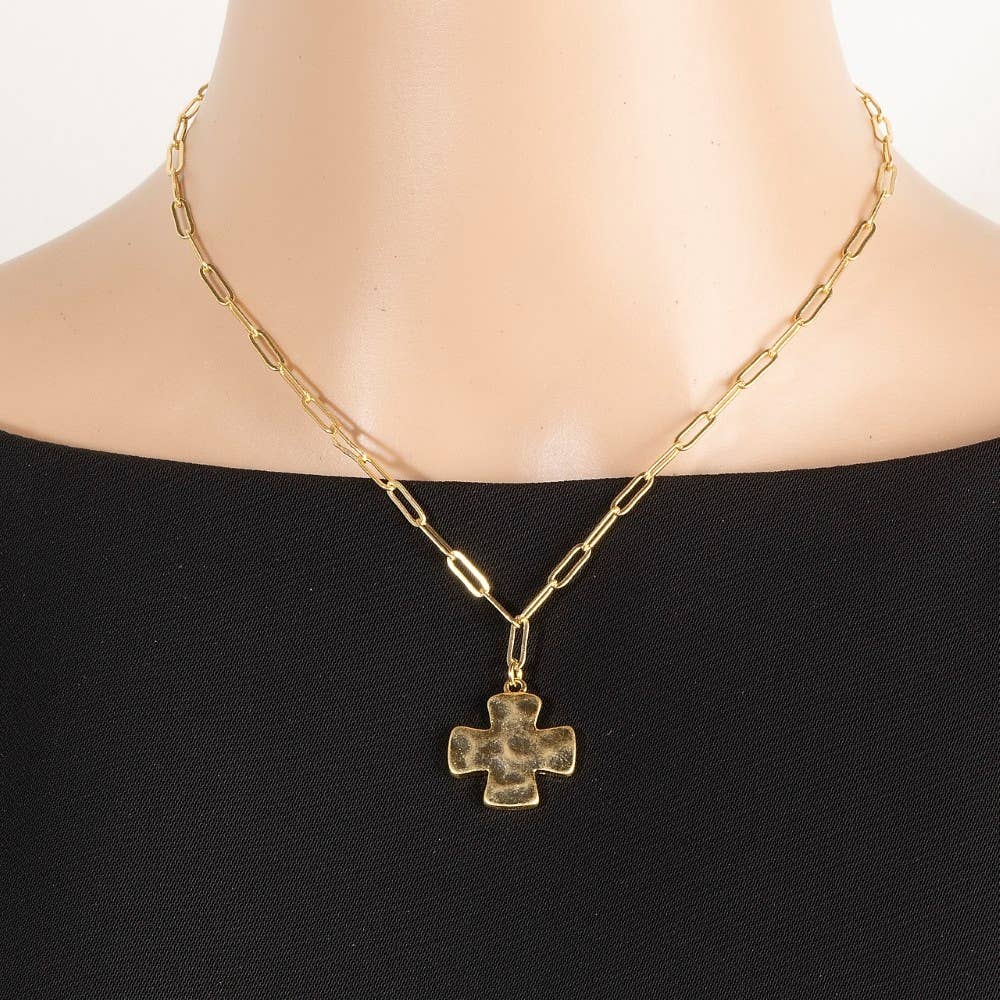 Vintage Gold Dipped Hammered Cross Pendant Necklace