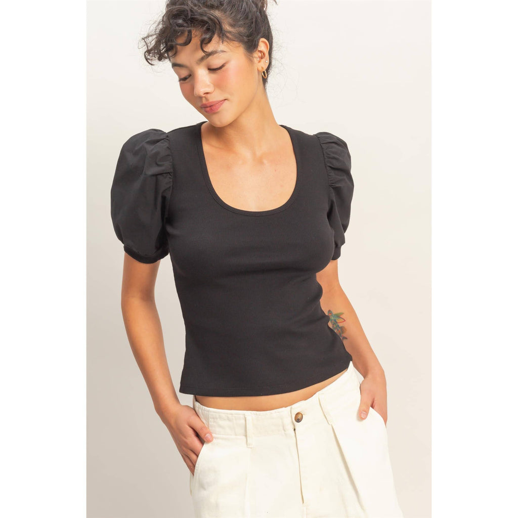 Ribbed Puff Sleeve Scoop Neck Top