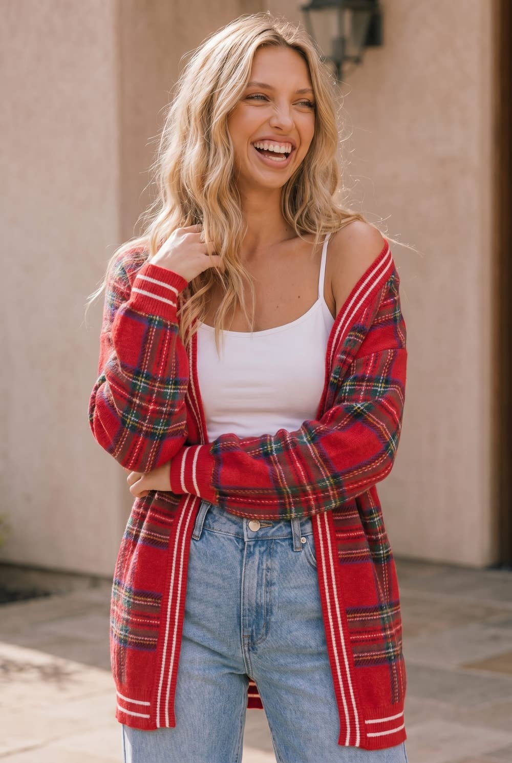 Red Plaid Open Front Knit Cardigan
