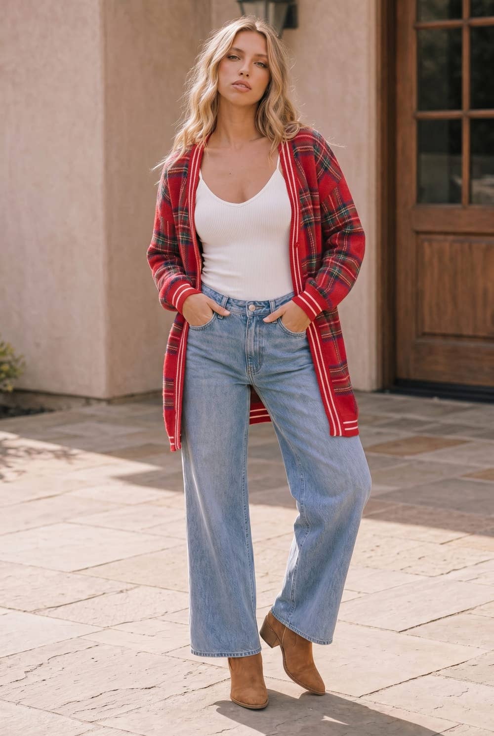 Red Plaid Open Front Knit Cardigan