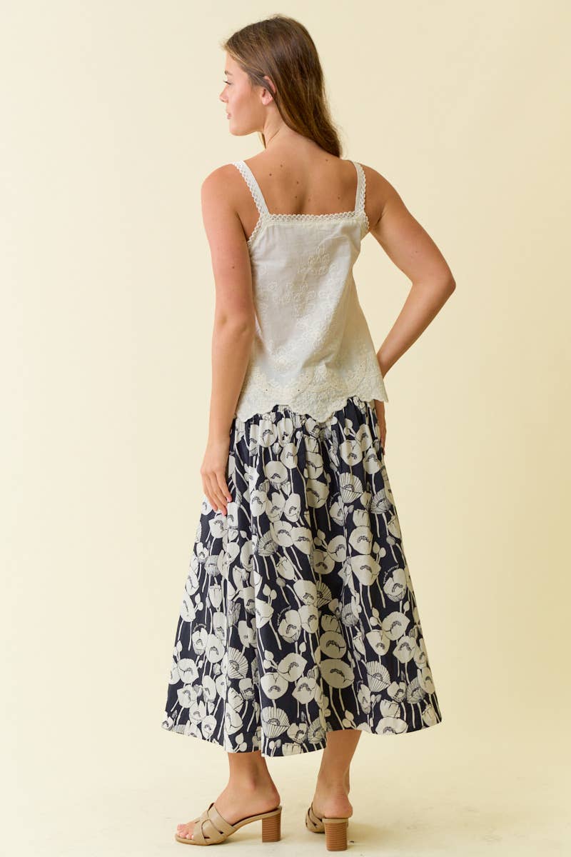 SCALLOP FRONT BUTTON DOWN LACE STRAP TANK TOP