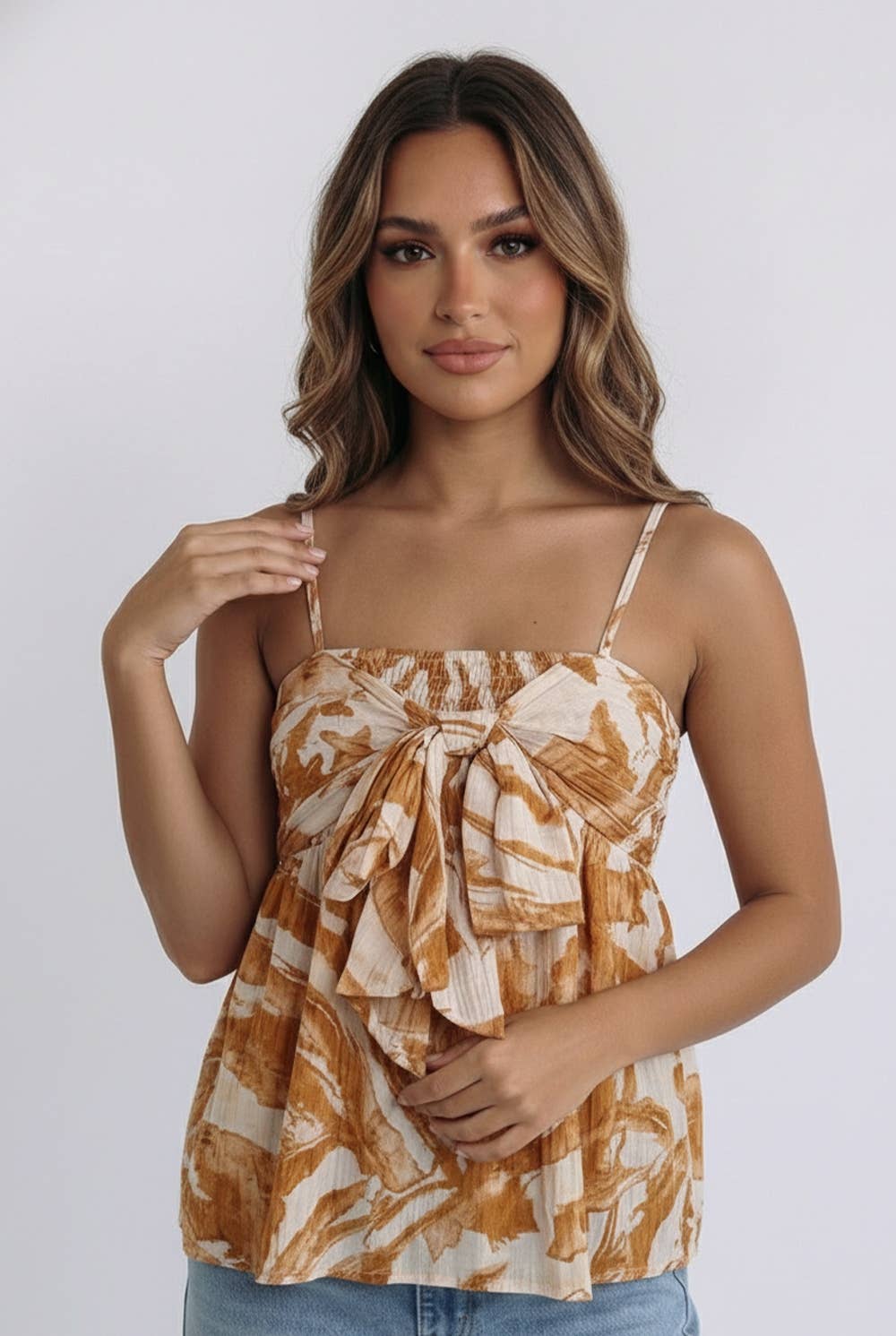 CRINKLE WOVEN SMOCKED CHEST FRONT TIE TOP