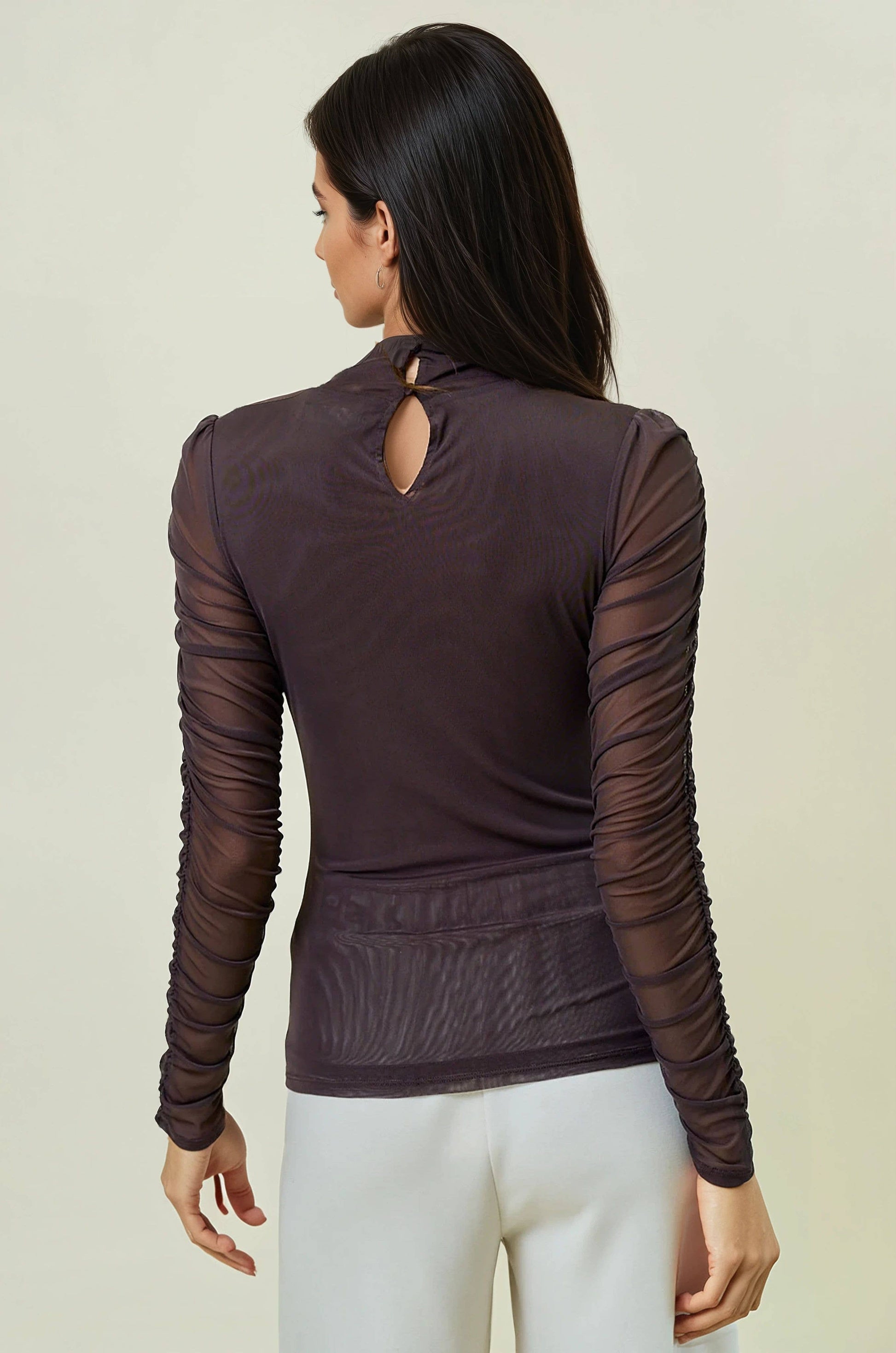 SEMI SHEER MOCK NECK LONG SLEEVE TEE