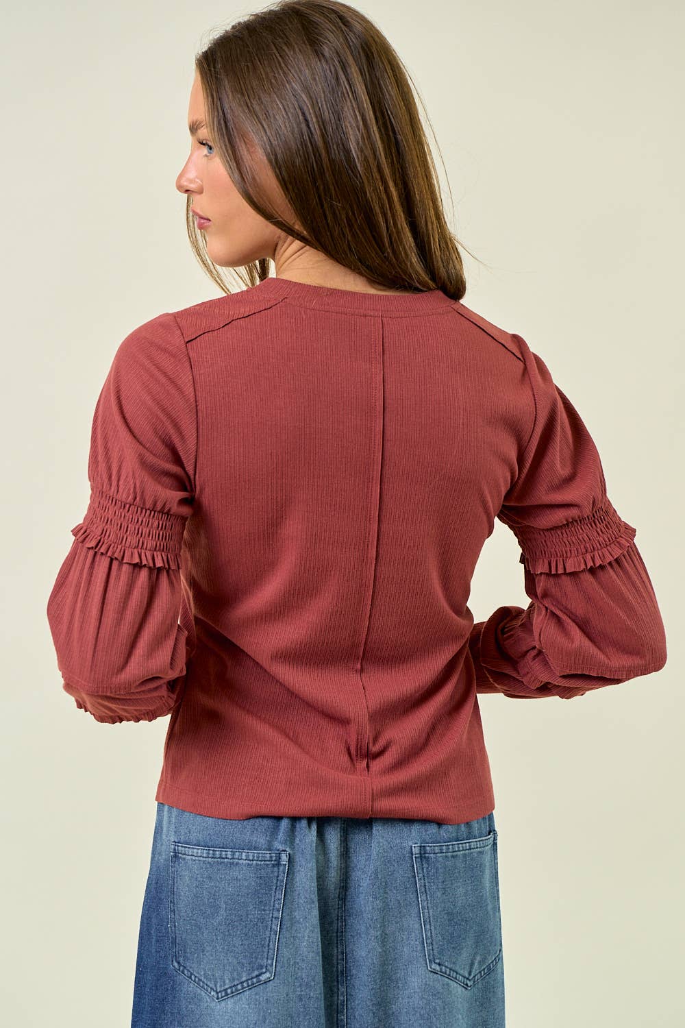 ROUND NECK SMOCKED LONG SLEEVE TOP