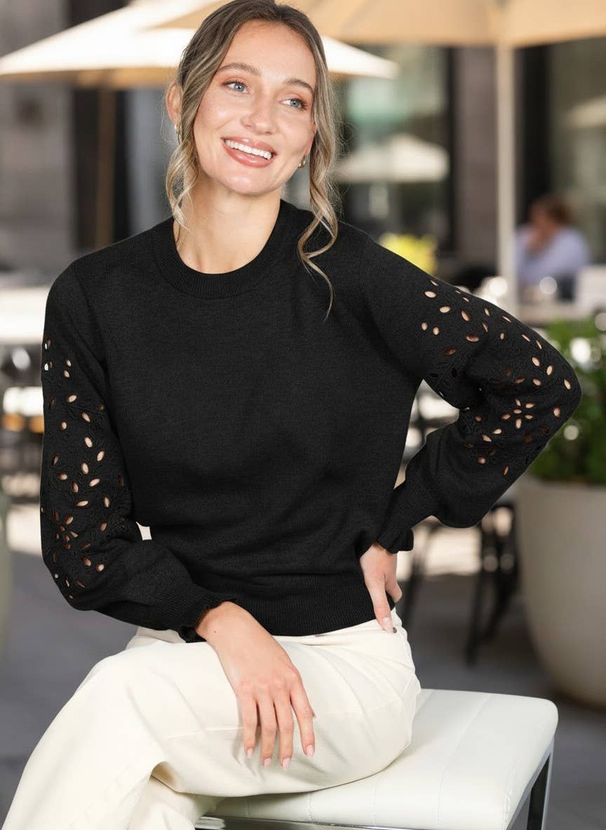 Crewneck Long Sleeve Cutwork Embellishment Sweater