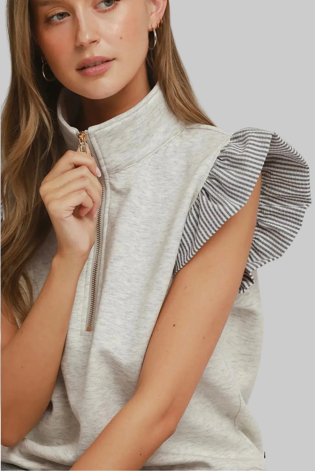 Luxe Knit Ruffle Sleeve Quarter Zip Top