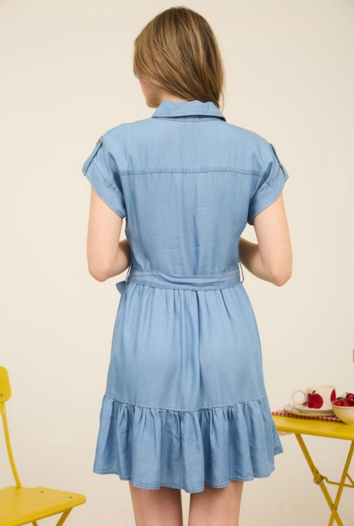 Chambray Ruffle Hem Belted Mini Shirt Dress