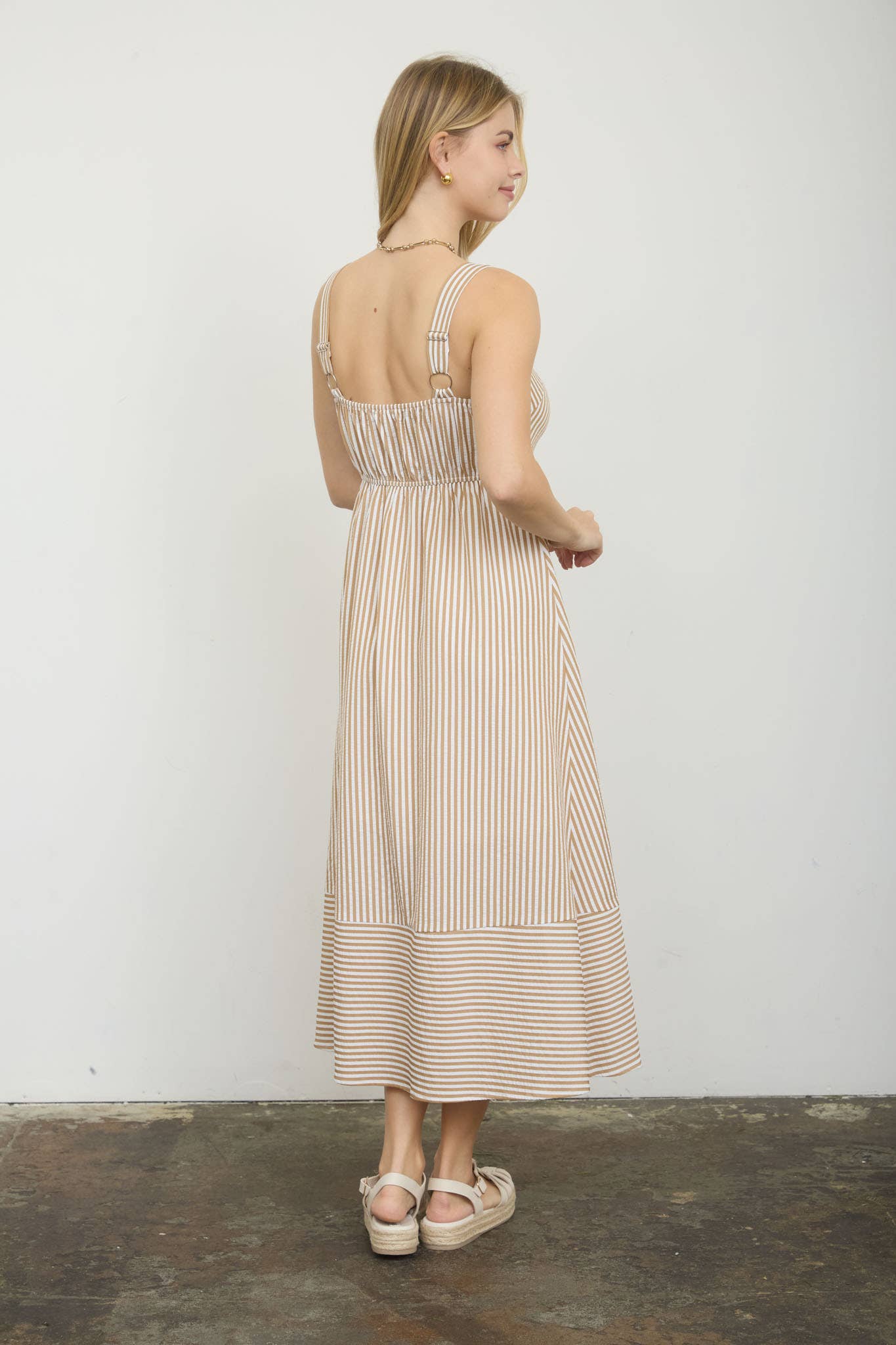 STRIPE SWEETHEART BUTTON DOWN SLEEVELESS MIDI DRESS