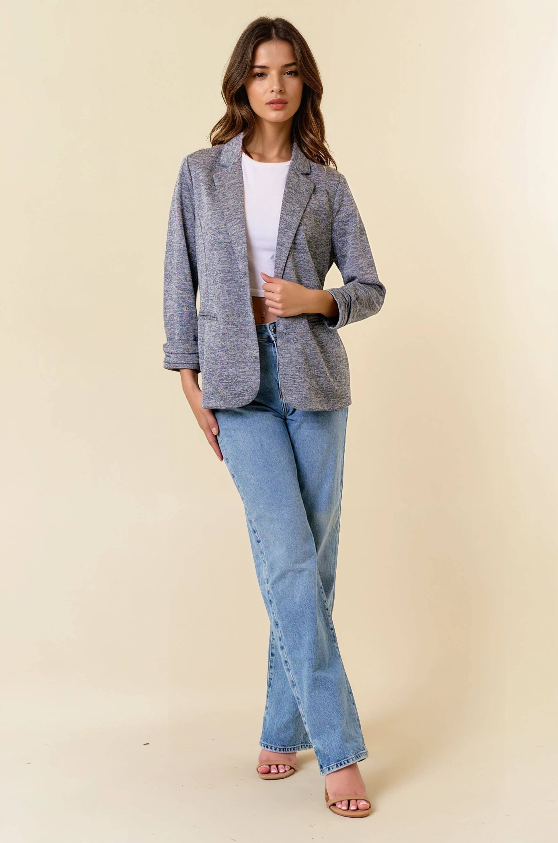 KNIT BLAZER WITH SLEEVE SHIRRING DETAIL