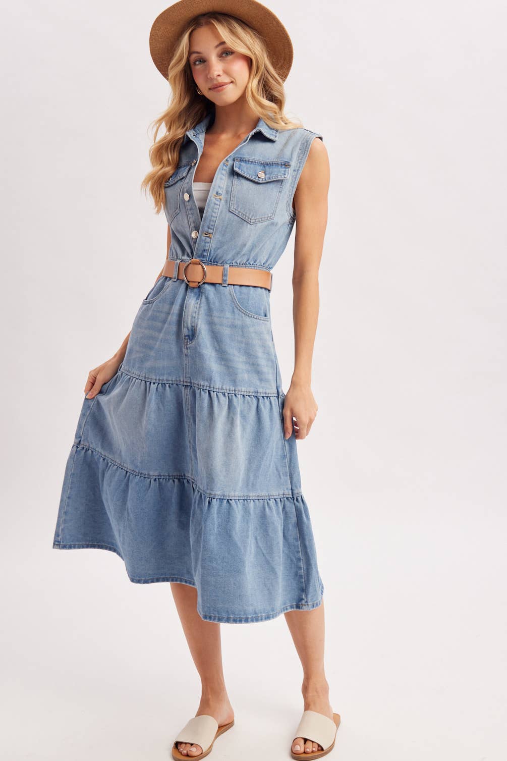 DENIM SLEEVELESS SHIRT TIERED MIDI DRESS