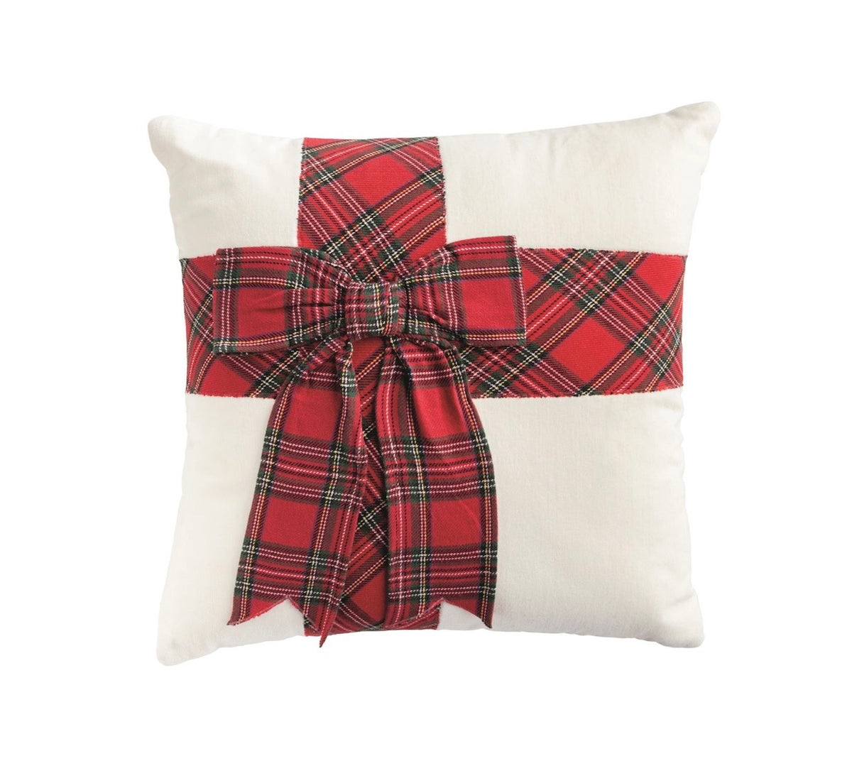 Cream Velvet Pillow with Red Tartan Plaid Bow