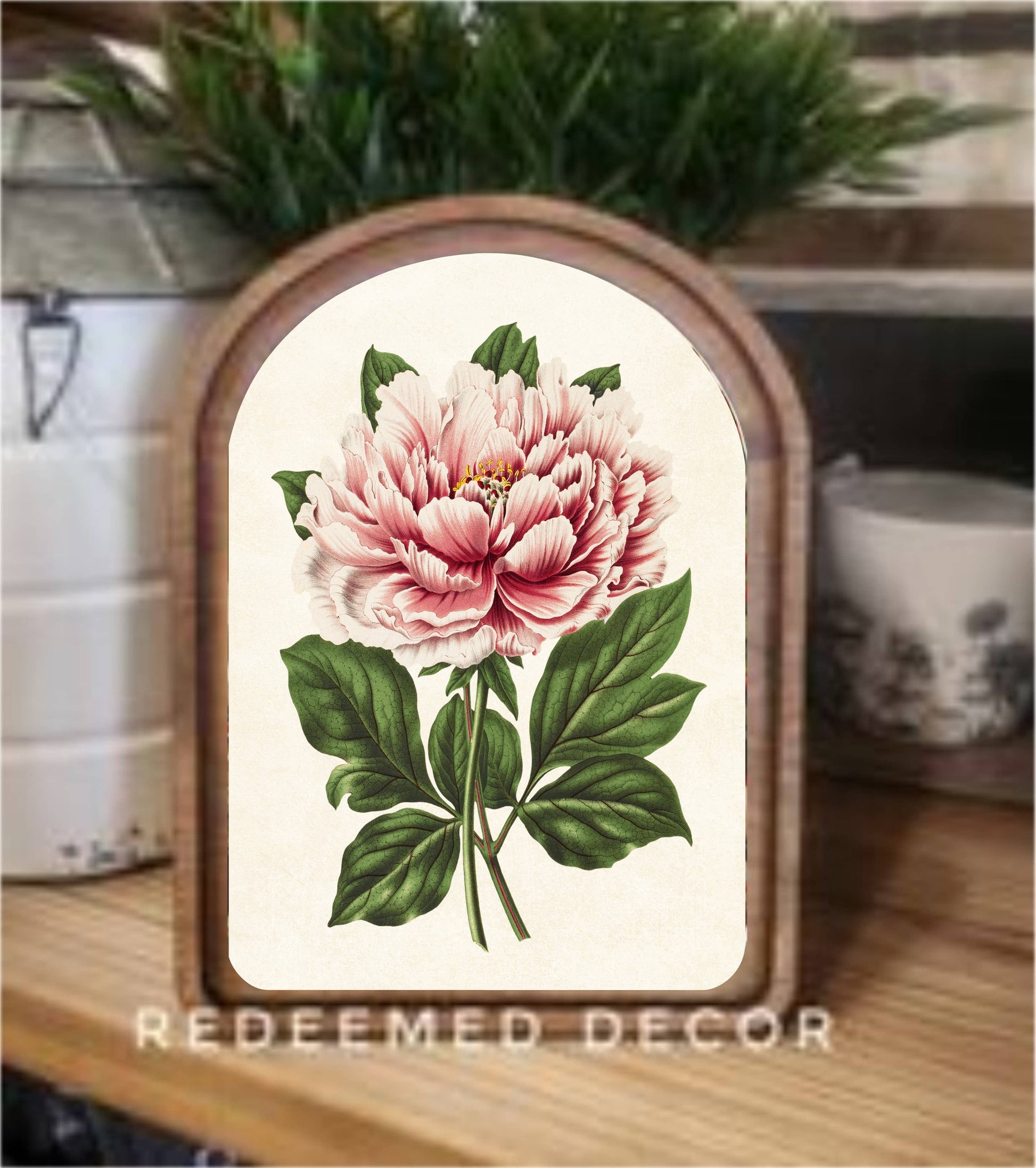 6x8 Arch Top Vintage Peony Framed Art