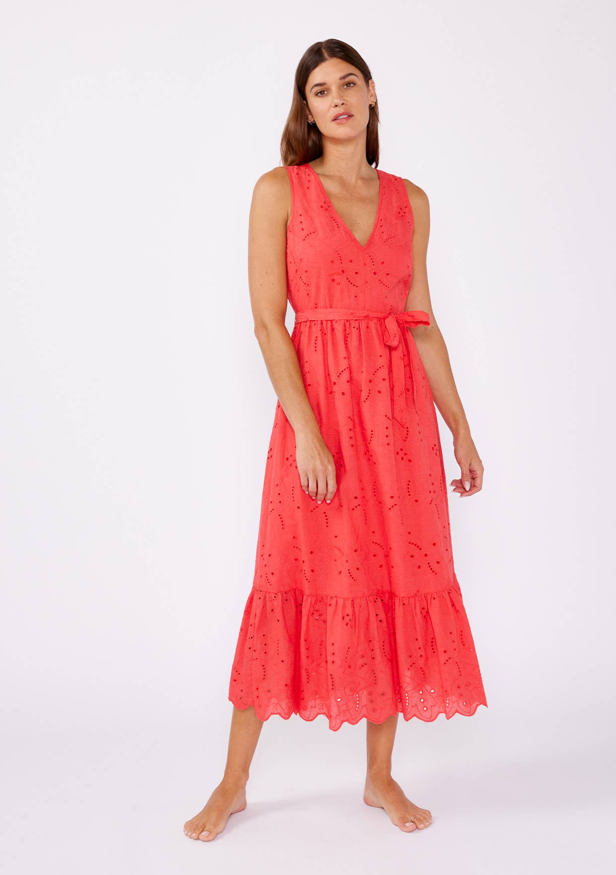 V-Neck Eyelet Midi Dress with Waist Belt