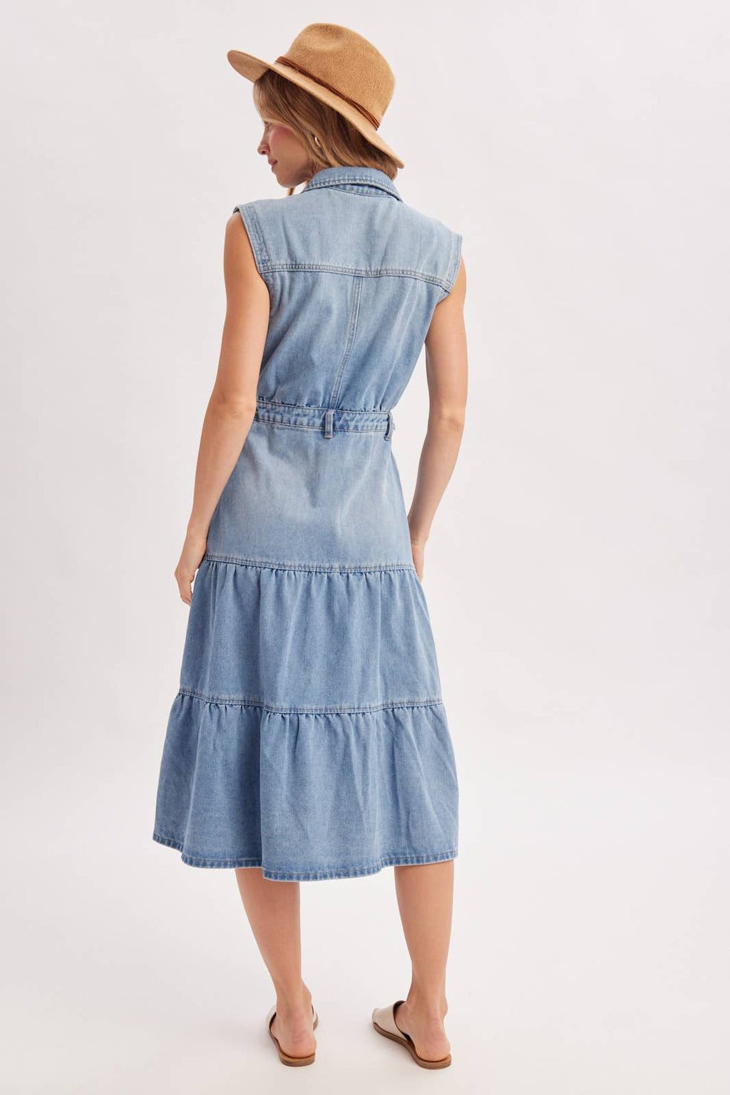 DENIM SLEEVELESS SHIRT TIERED MIDI DRESS