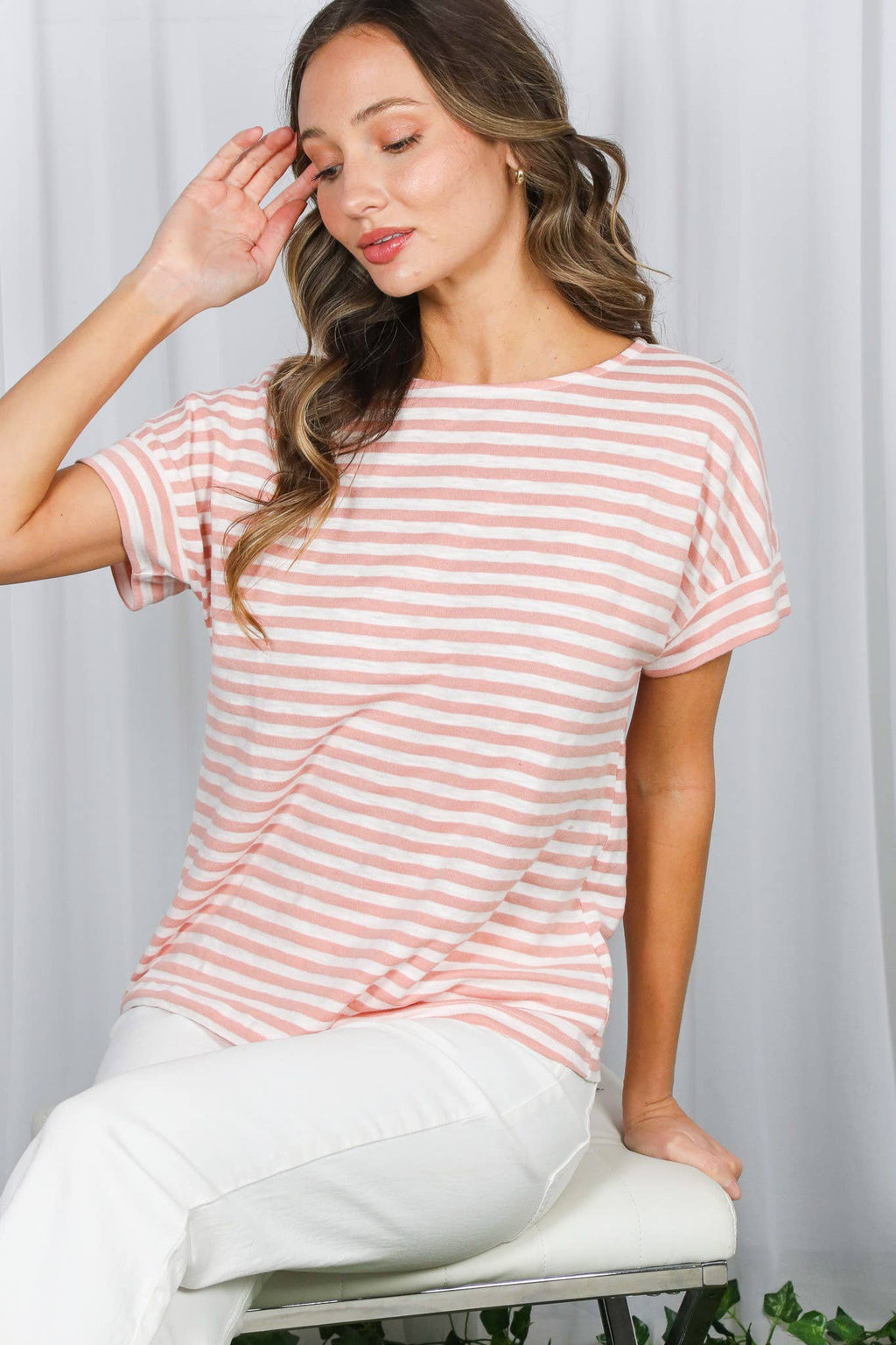 Striped Short Dolman Boat Neck Knit Top