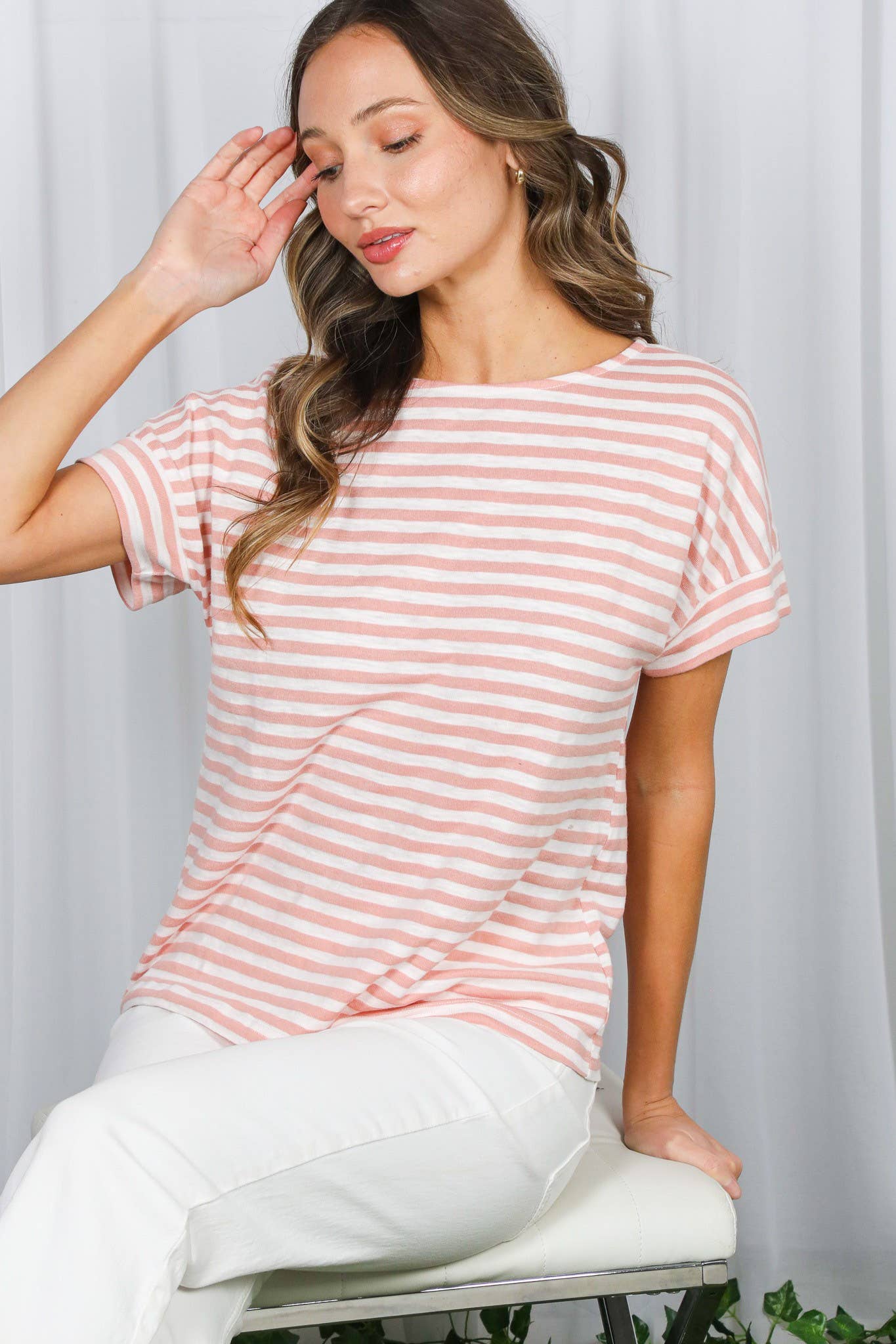 Striped Short Dolman Boat Neck Knit Top