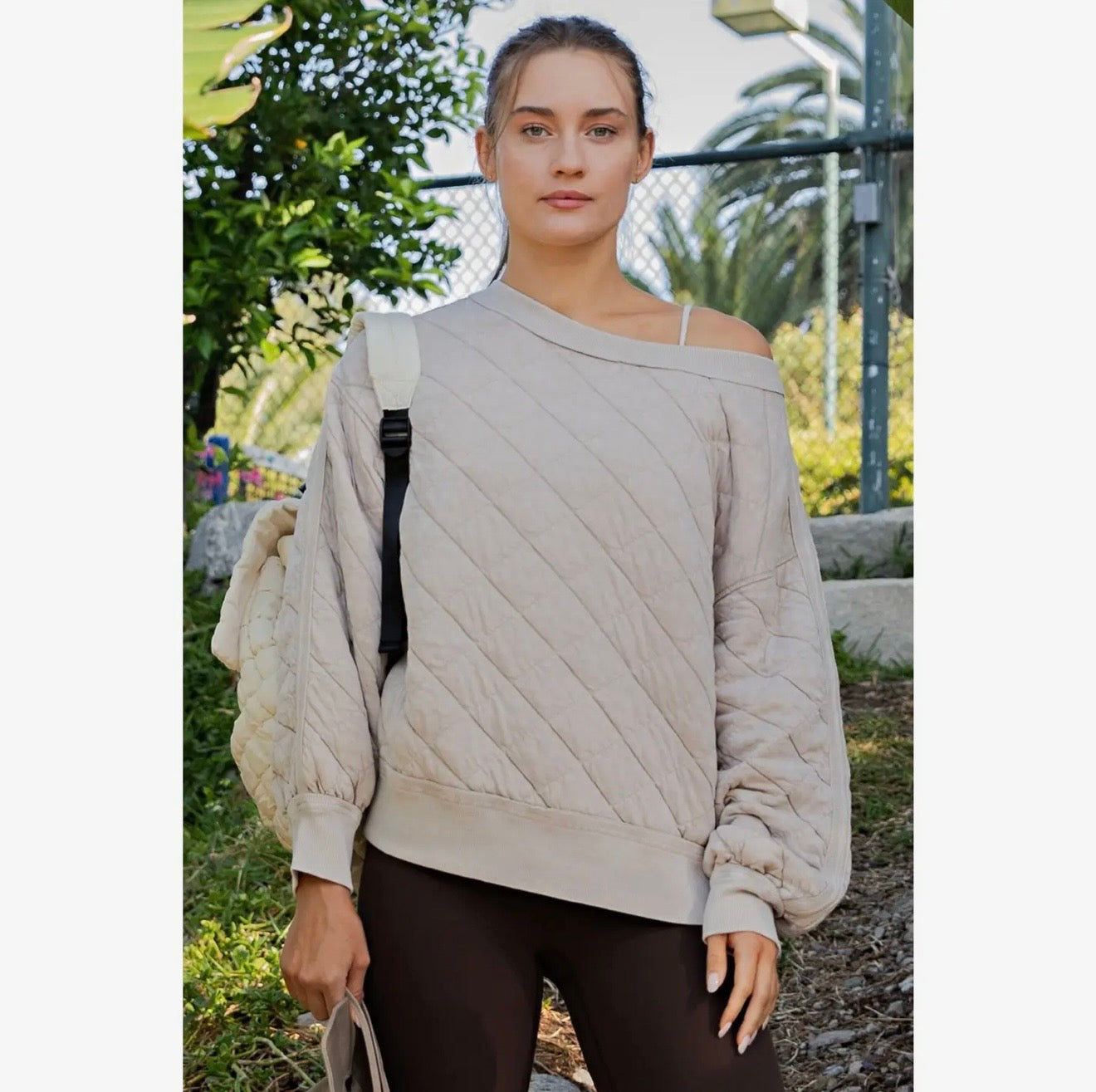 Mineral Wash Quilted Off Shoulder Sweatshirt