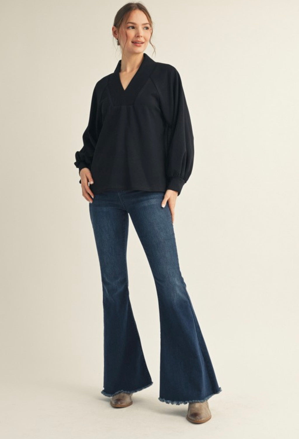 Long Sleeve Scuba V-neck Top